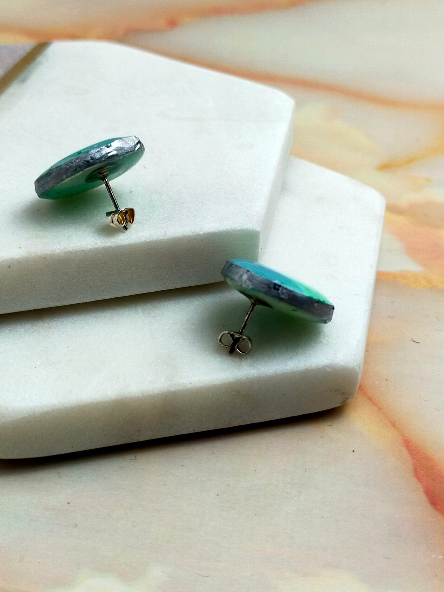 "Poppy" Green Blue Marble Circle Stud Earrings