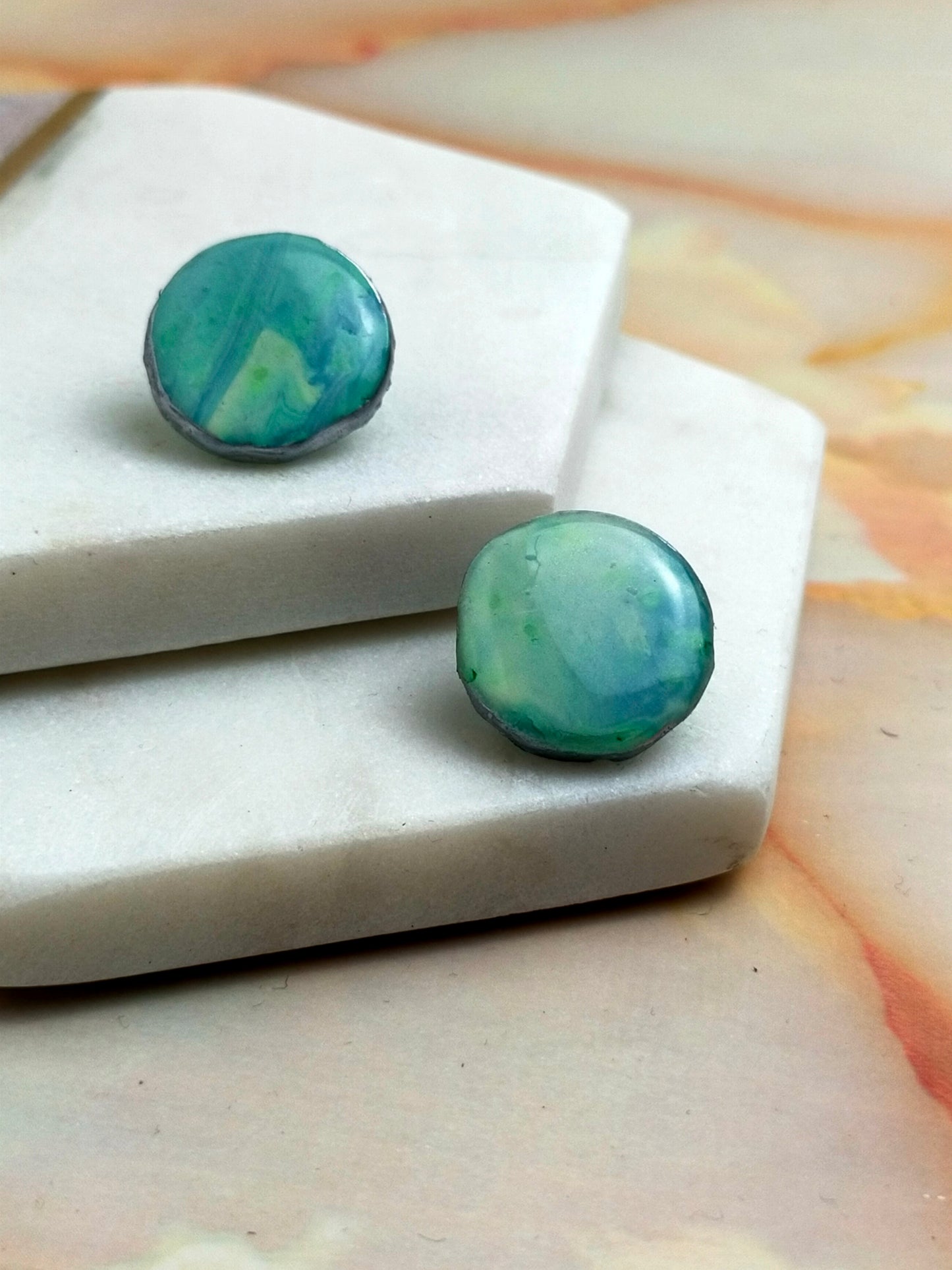 "Poppy" Green Blue Marble Circle Stud Earrings