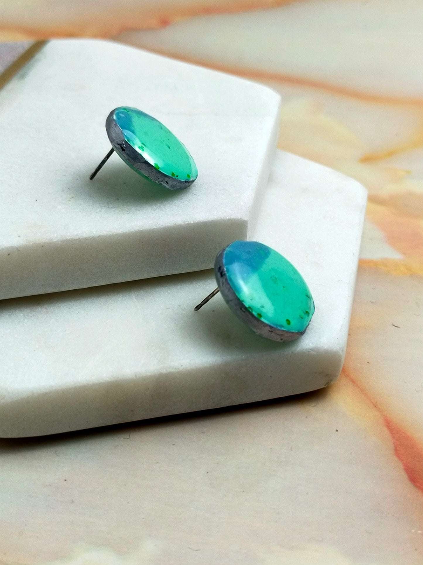 "Poppy" Green Blue Marble Circle Stud Earrings