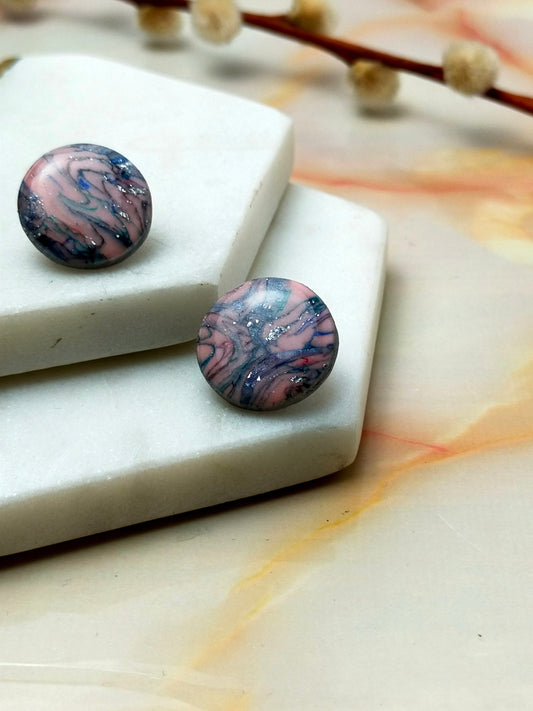 Marbled Polymer Clay Stud Earrings in Pink Multi Coloured design