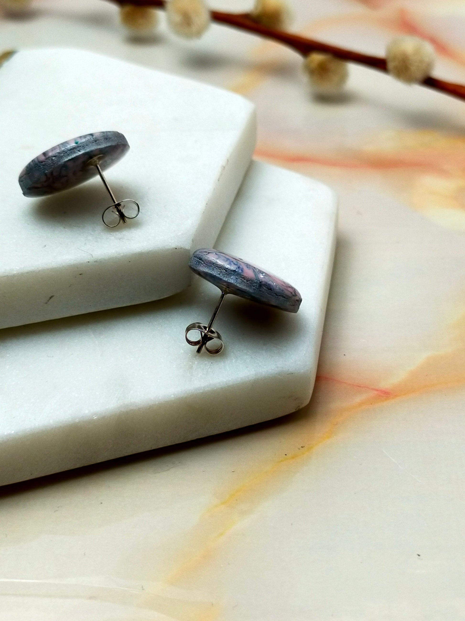 Marbled Polymer Clay Stud Earrings in Pink Multi Coloured design