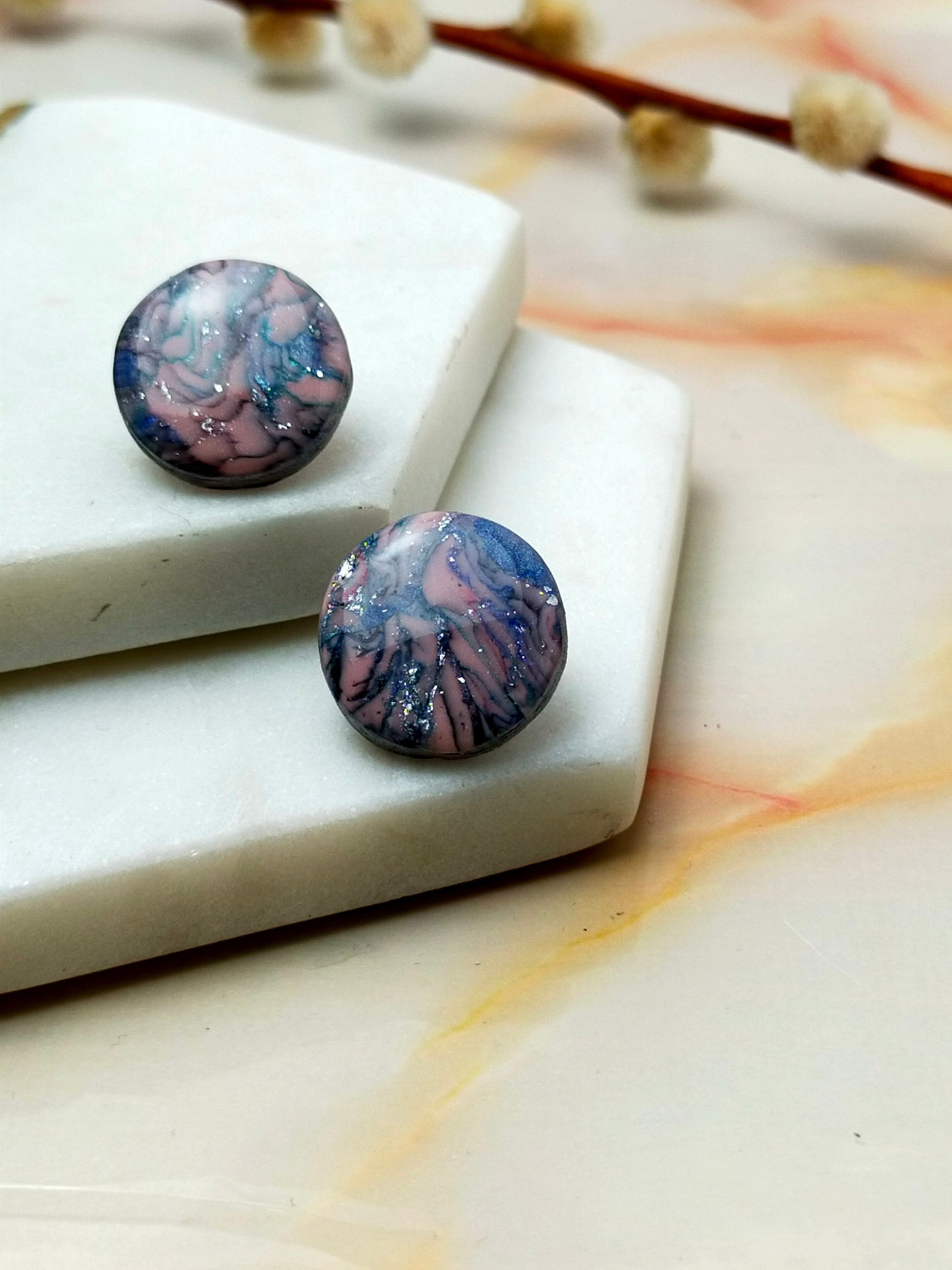 Marbled Polymer Clay Stud Earrings in Pink Multi Coloured design