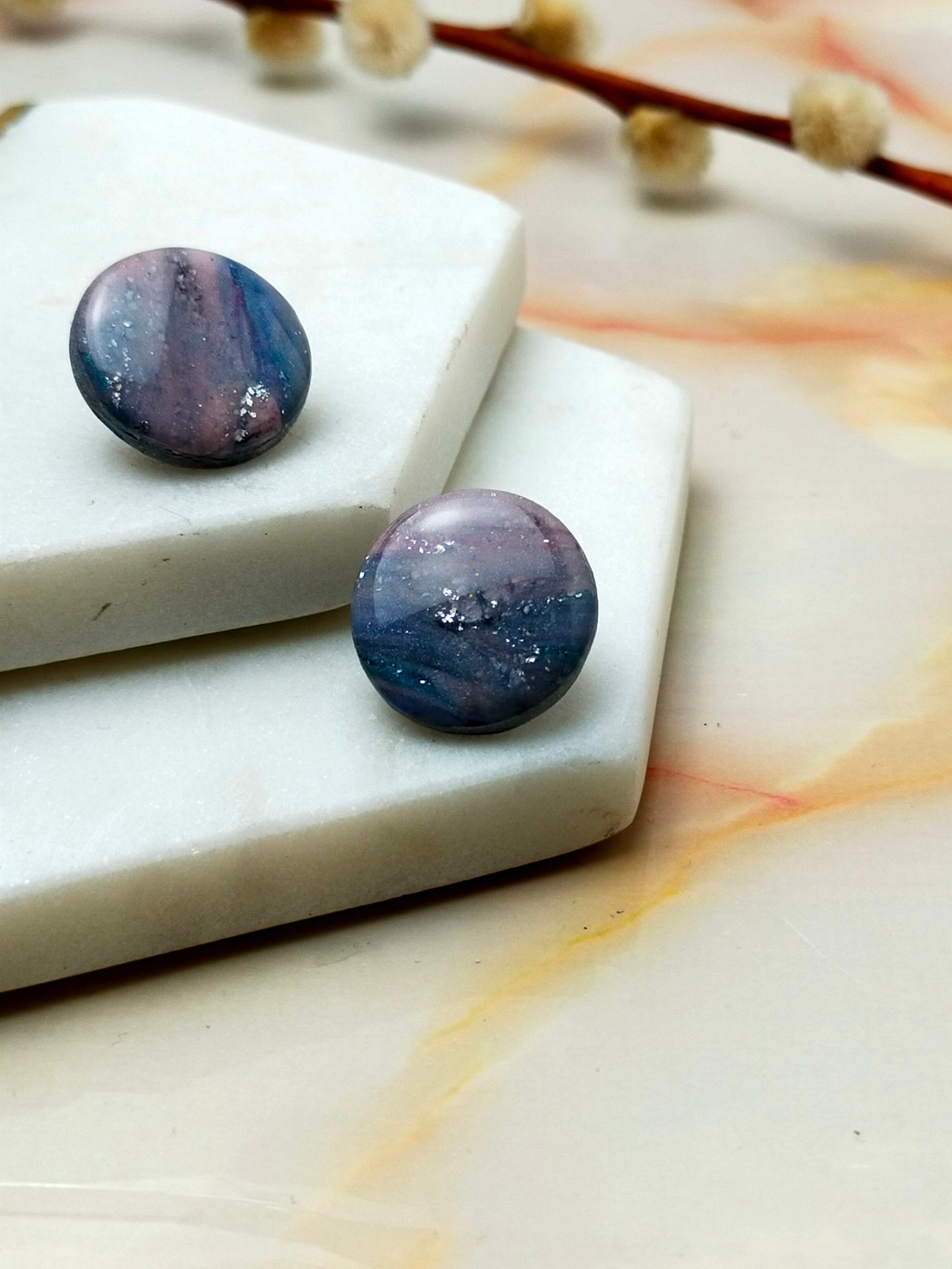 Marbled Polymer Clay Stud Earrings in Pink Multi Coloured design