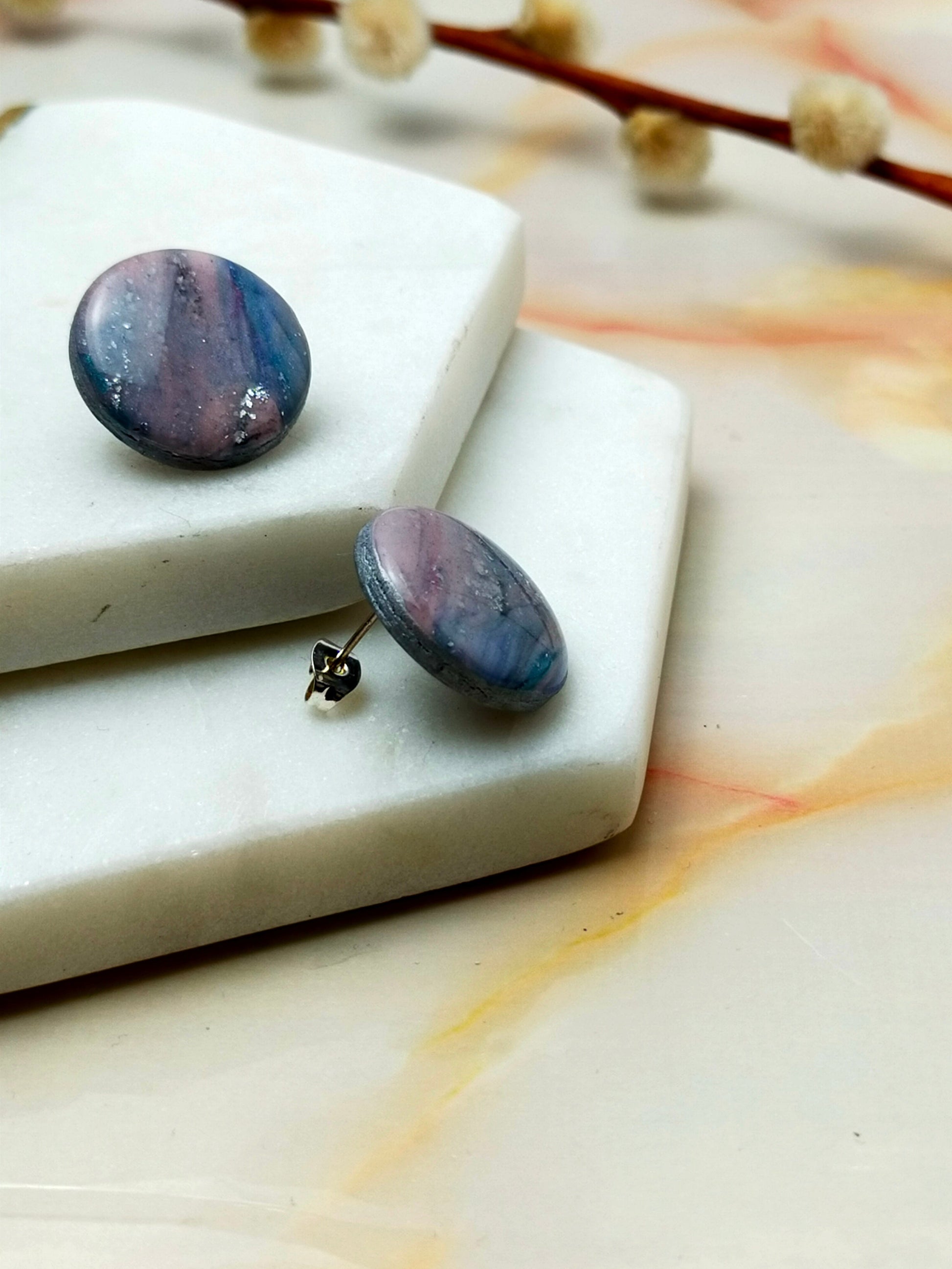 Marbled Polymer Clay Stud Earrings in Pink Multi Coloured design