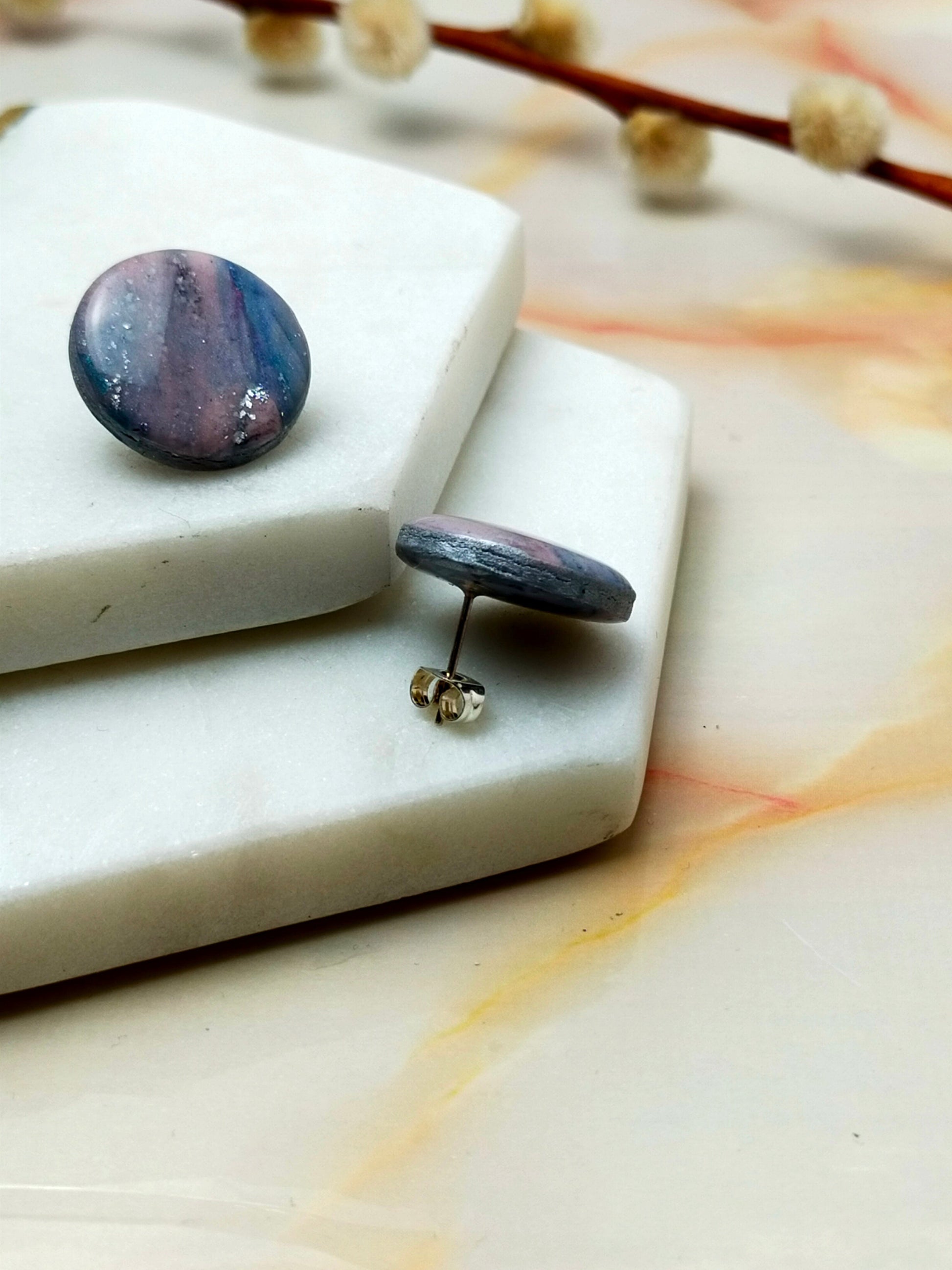 Marbled Polymer Clay Stud Earrings in Pink Multi Coloured design