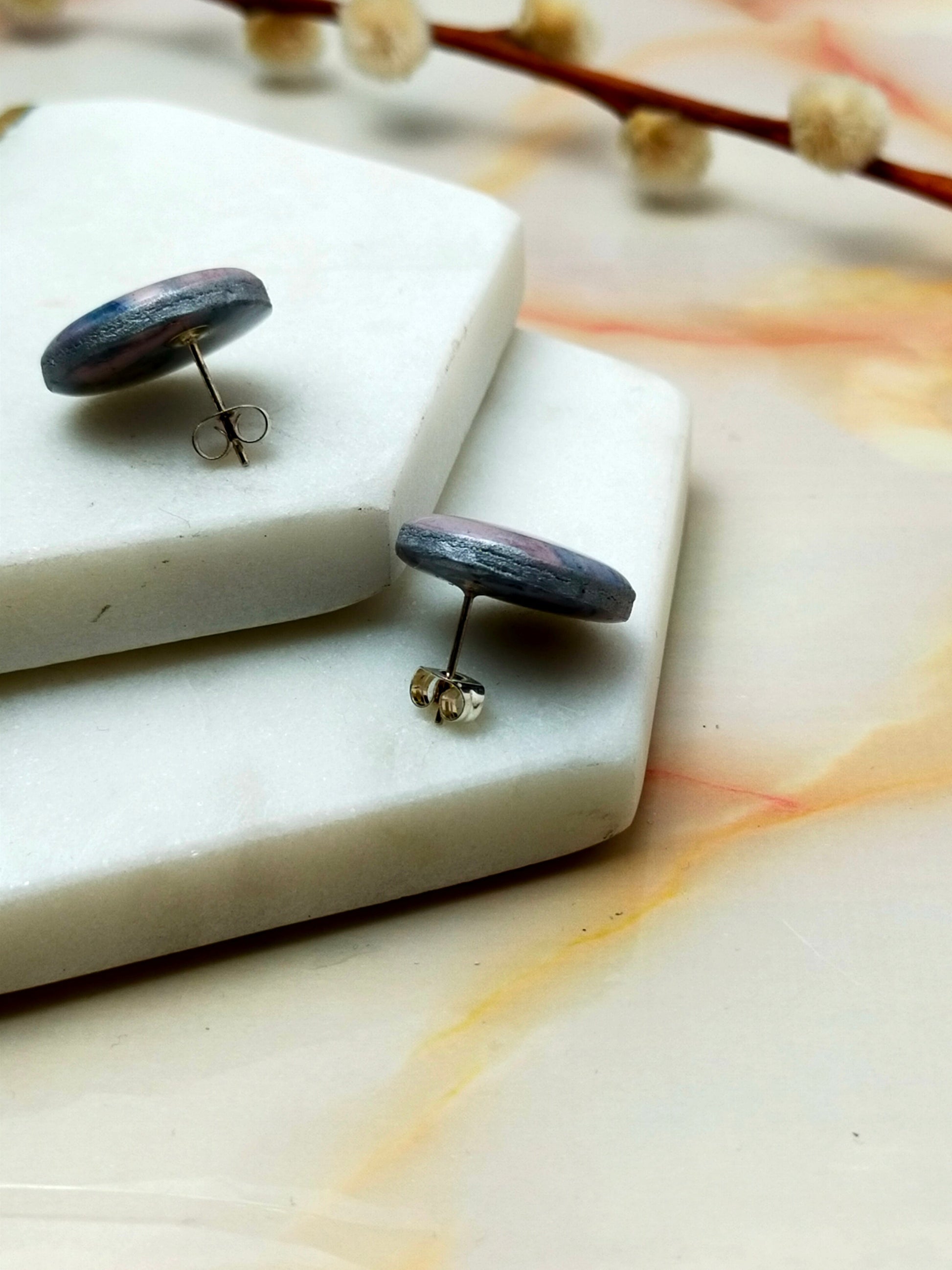 Marbled Polymer Clay Stud Earrings in Pink Multi Coloured design
