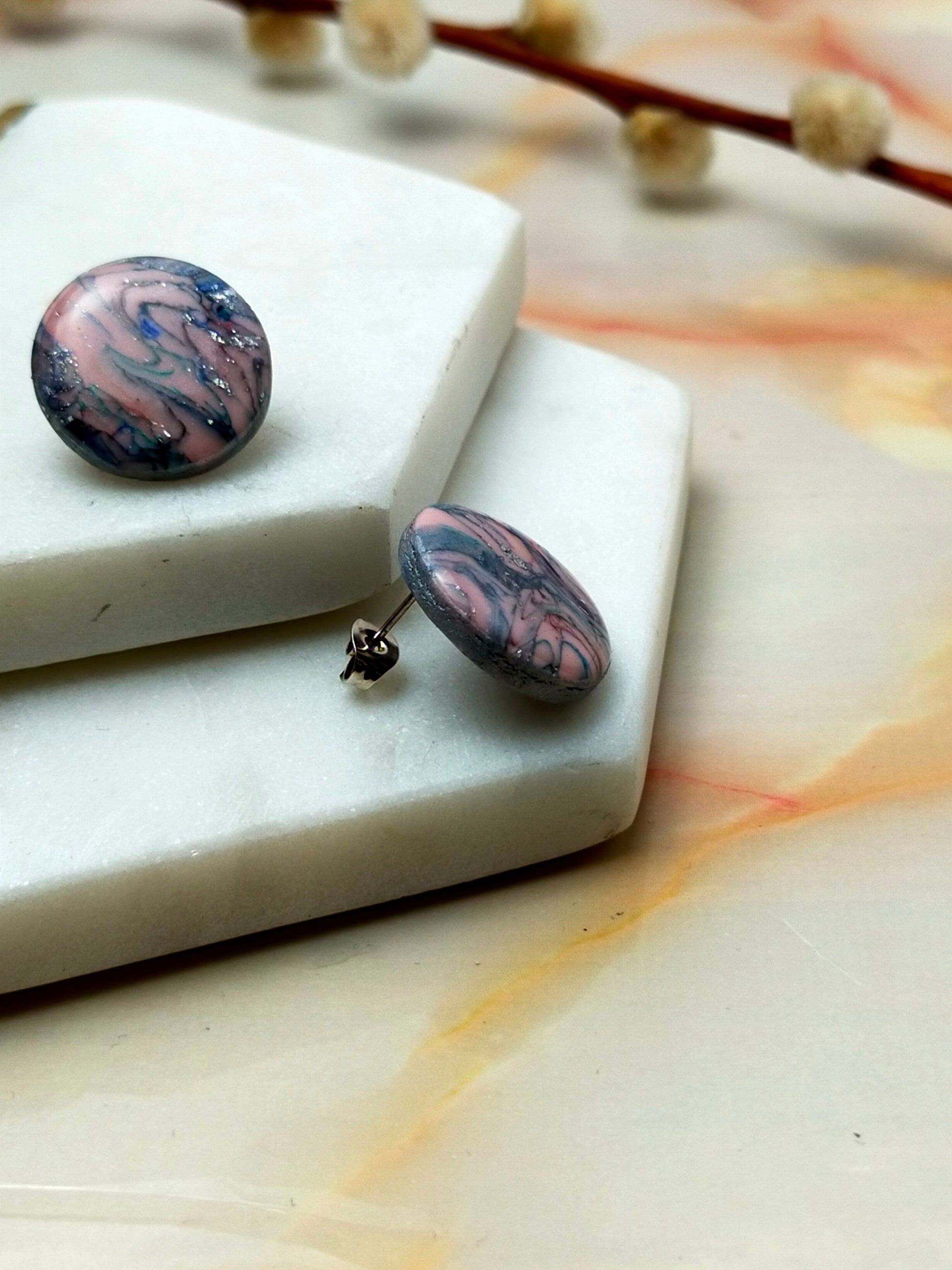 Marbled Polymer Clay Stud Earrings in Pink Multi Coloured design