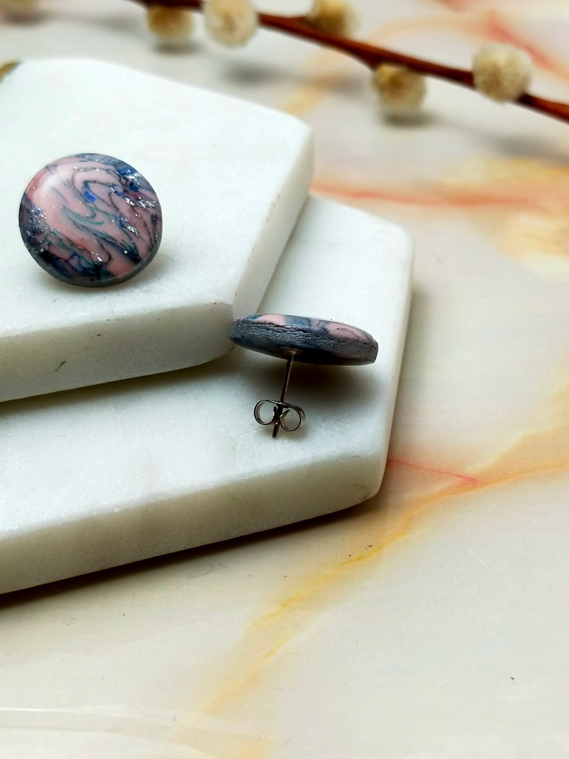 Marbled Polymer Clay Stud Earrings in Pink Multi Coloured design