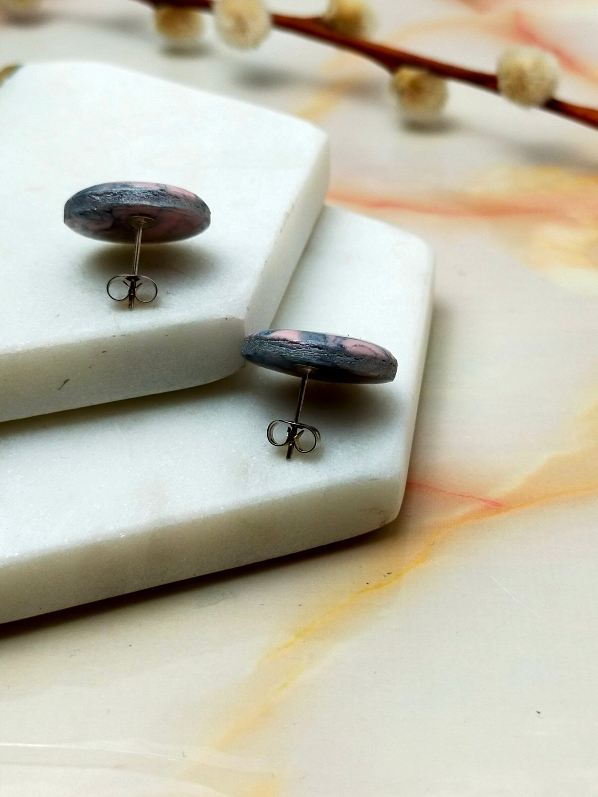 Marbled Polymer Clay Stud Earrings in Pink Multi Coloured design