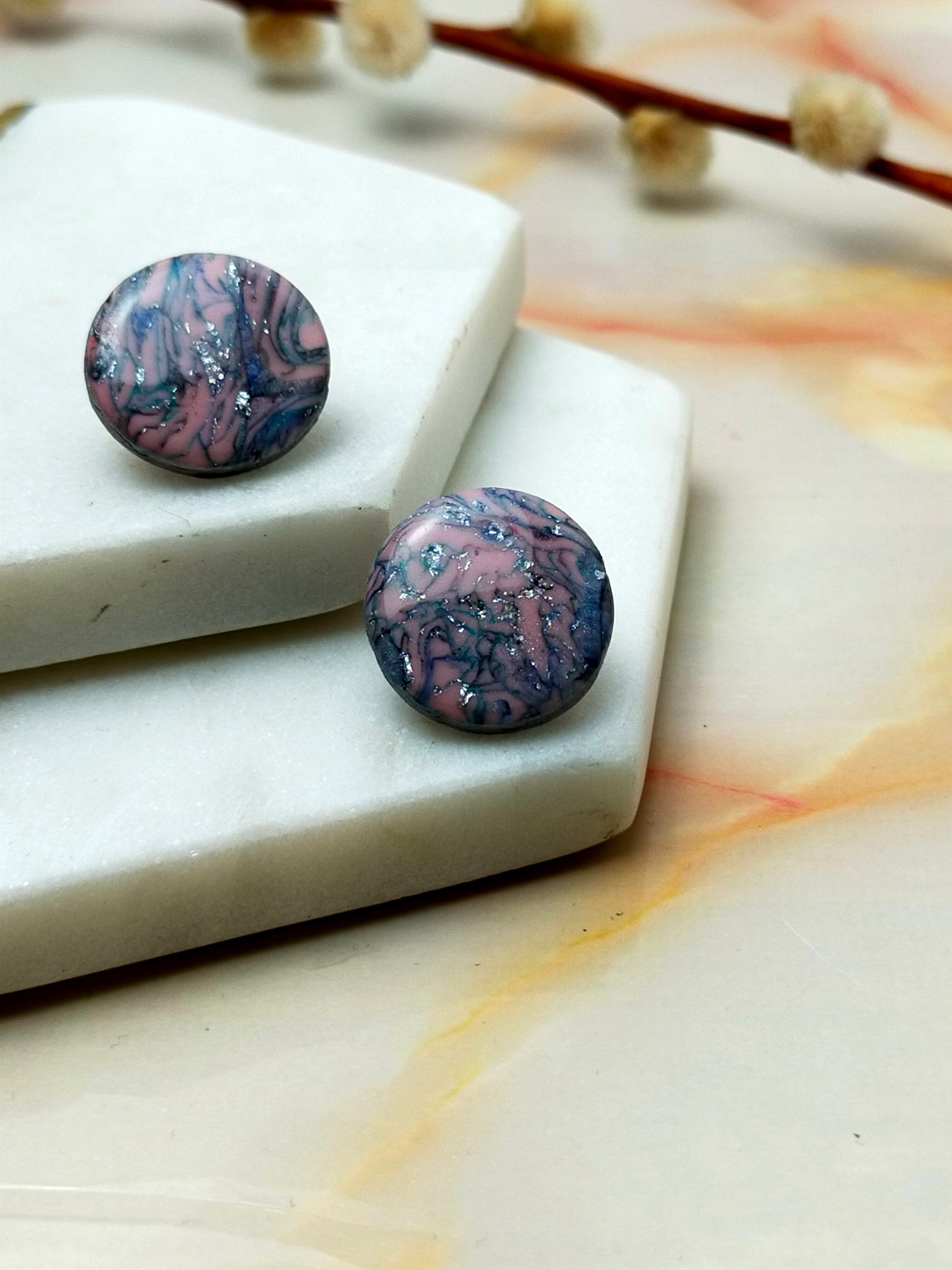 Marbled Polymer Clay Stud Earrings in Pink Multi Coloured design