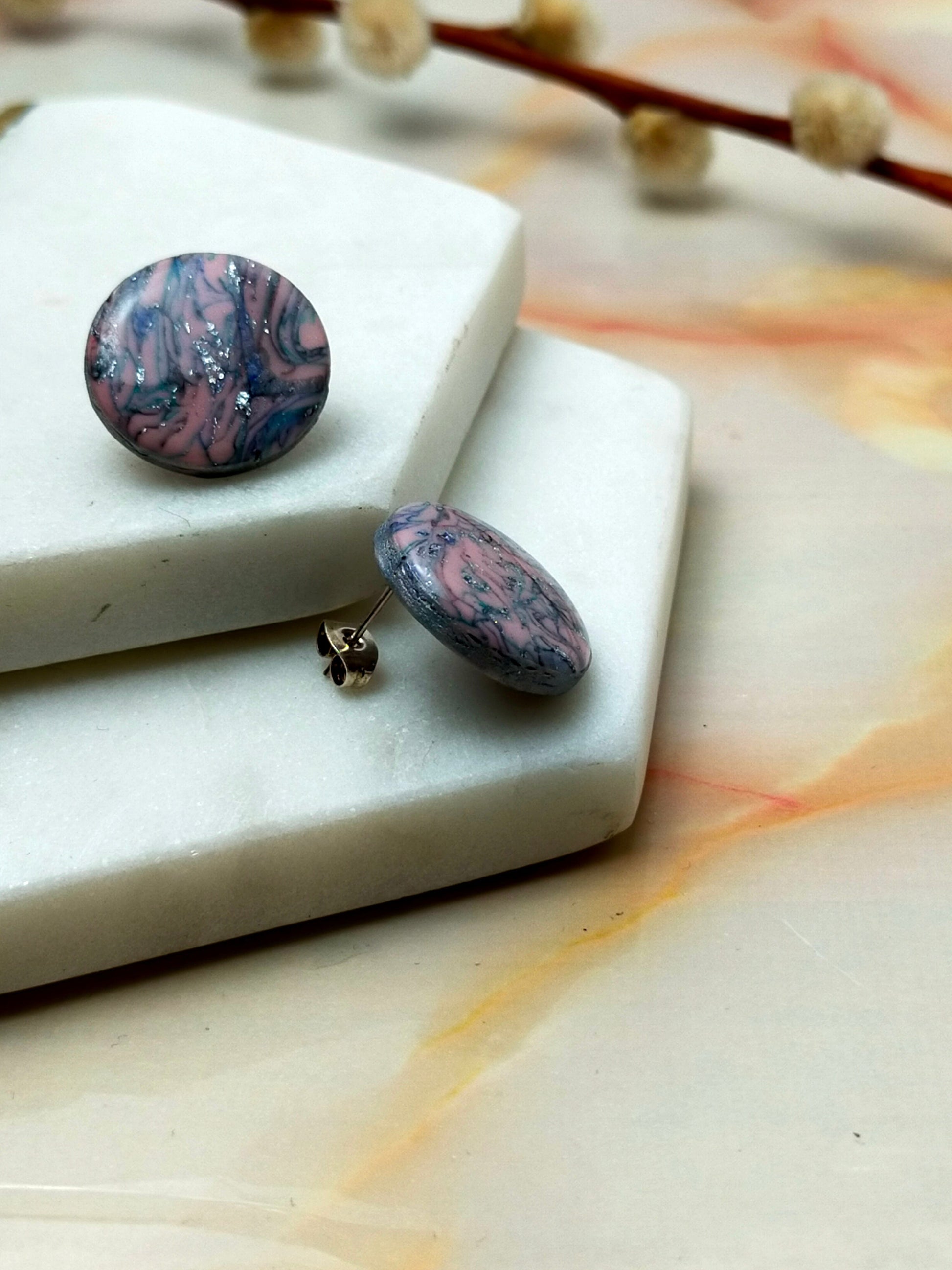 Marbled Polymer Clay Stud Earrings in Pink Multi Coloured design