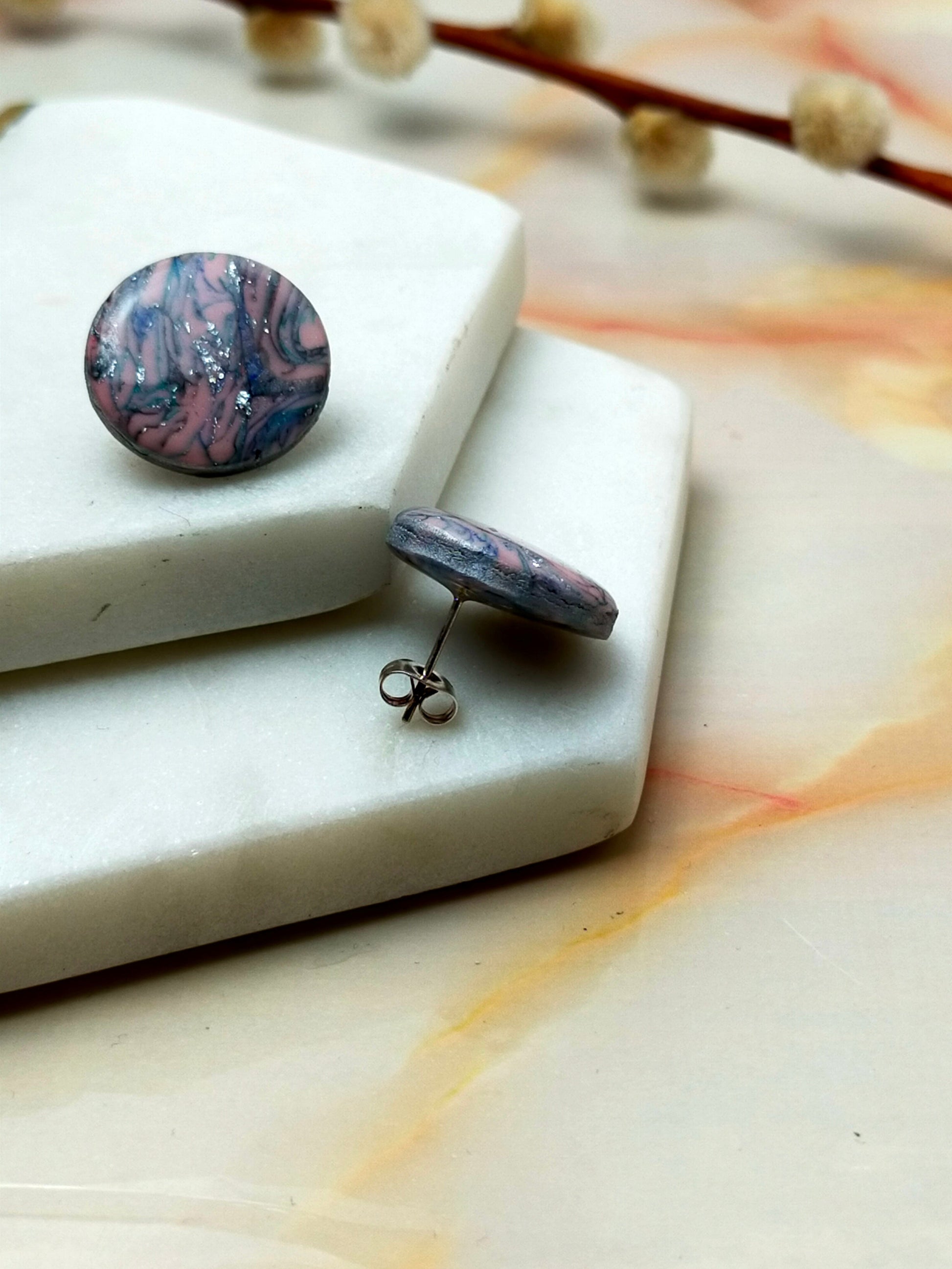 Marbled Polymer Clay Stud Earrings in Pink Multi Coloured design