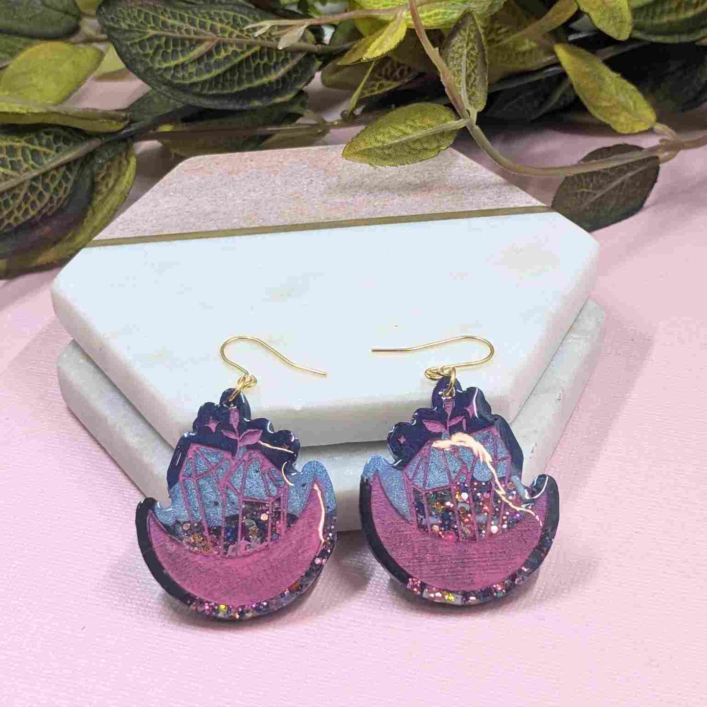 Portia Resin Multi Glitter Crystal with Moon Resin Dangle Earrings