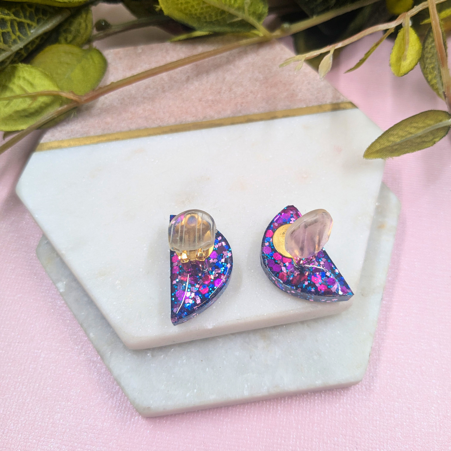 Raelynn Half Circle Glitter Resin Clip-On Earrings | Modern Jewellery by Created By Lau
