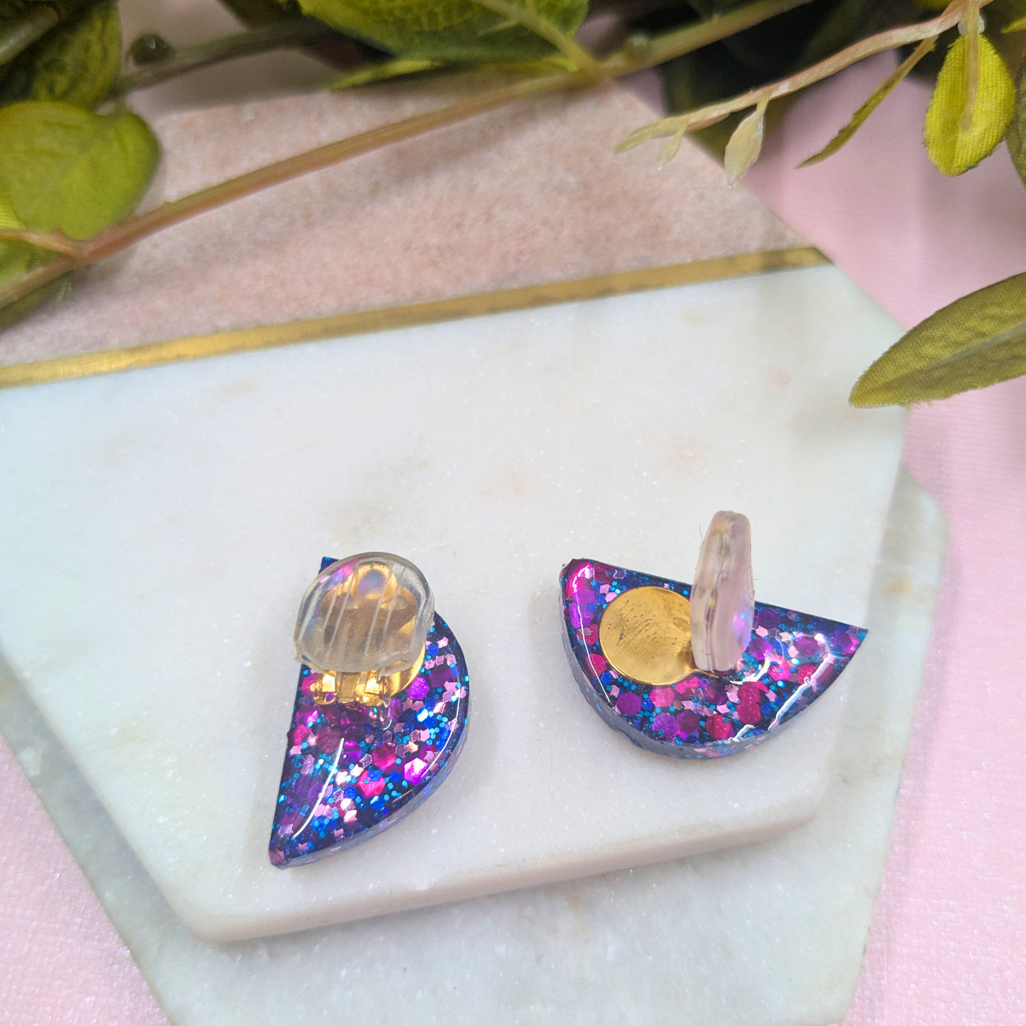 Raelynn Half Circle Glitter Resin Clip-On Earrings | Modern Jewellery by Created By Lau