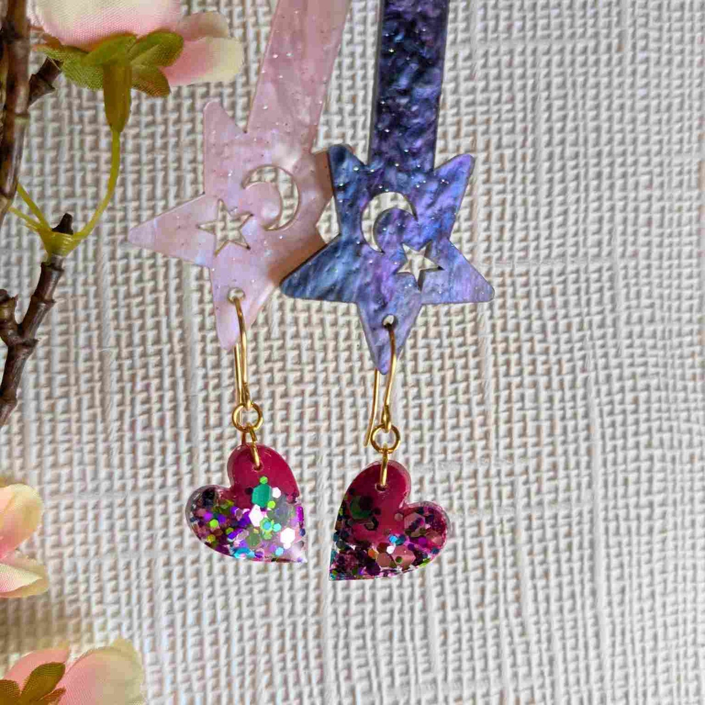Ria Multi Glitter & Pink Heart Dangle Earrings - Handmade Yorkshire Jewellery