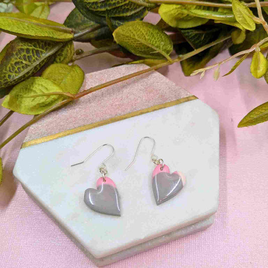Ria Soft Pink, Cream & Grey Heart Dangle Earrings - Handmade Minimalist Jewellery