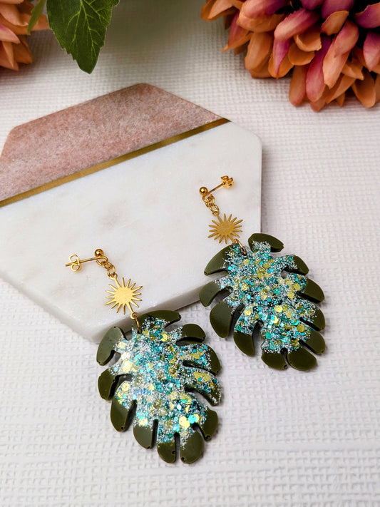 Monstera Leaf Khaki Green Glitter Statement Resin Dangle Earrings