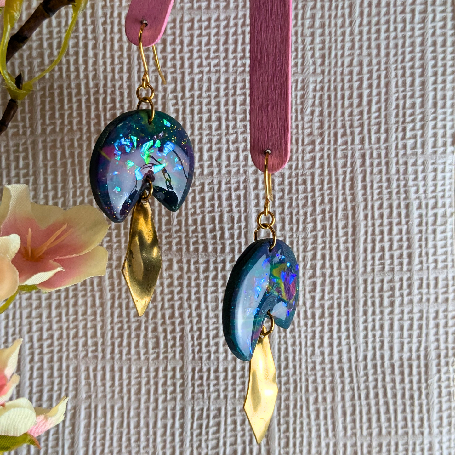 Sacha Blue Iridescent Dangle Earrings | Wavy Diamond Brass Charm by Created By Lau