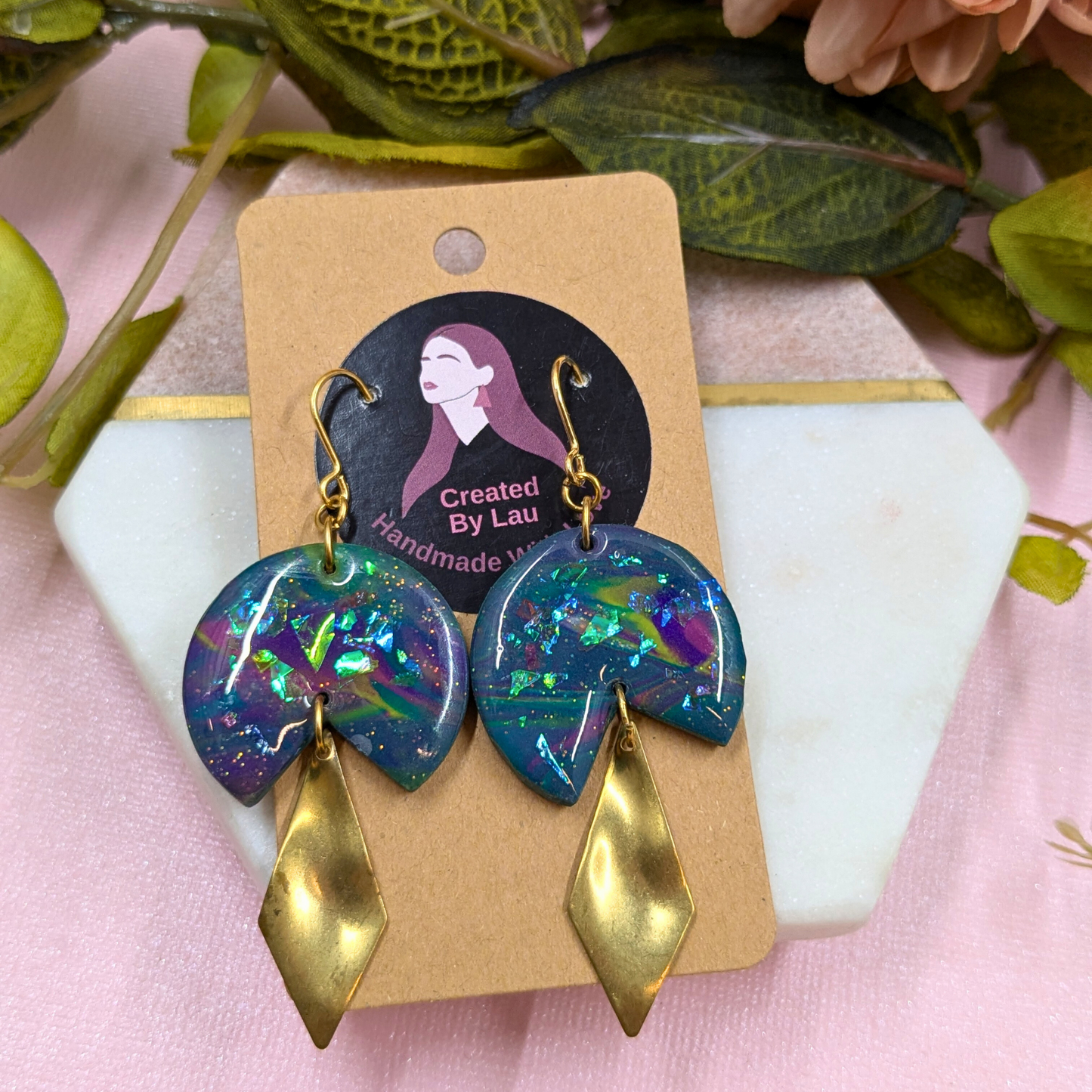 Sacha Blue Iridescent Dangle Earrings | Wavy Diamond Brass Charm by Created By Lau