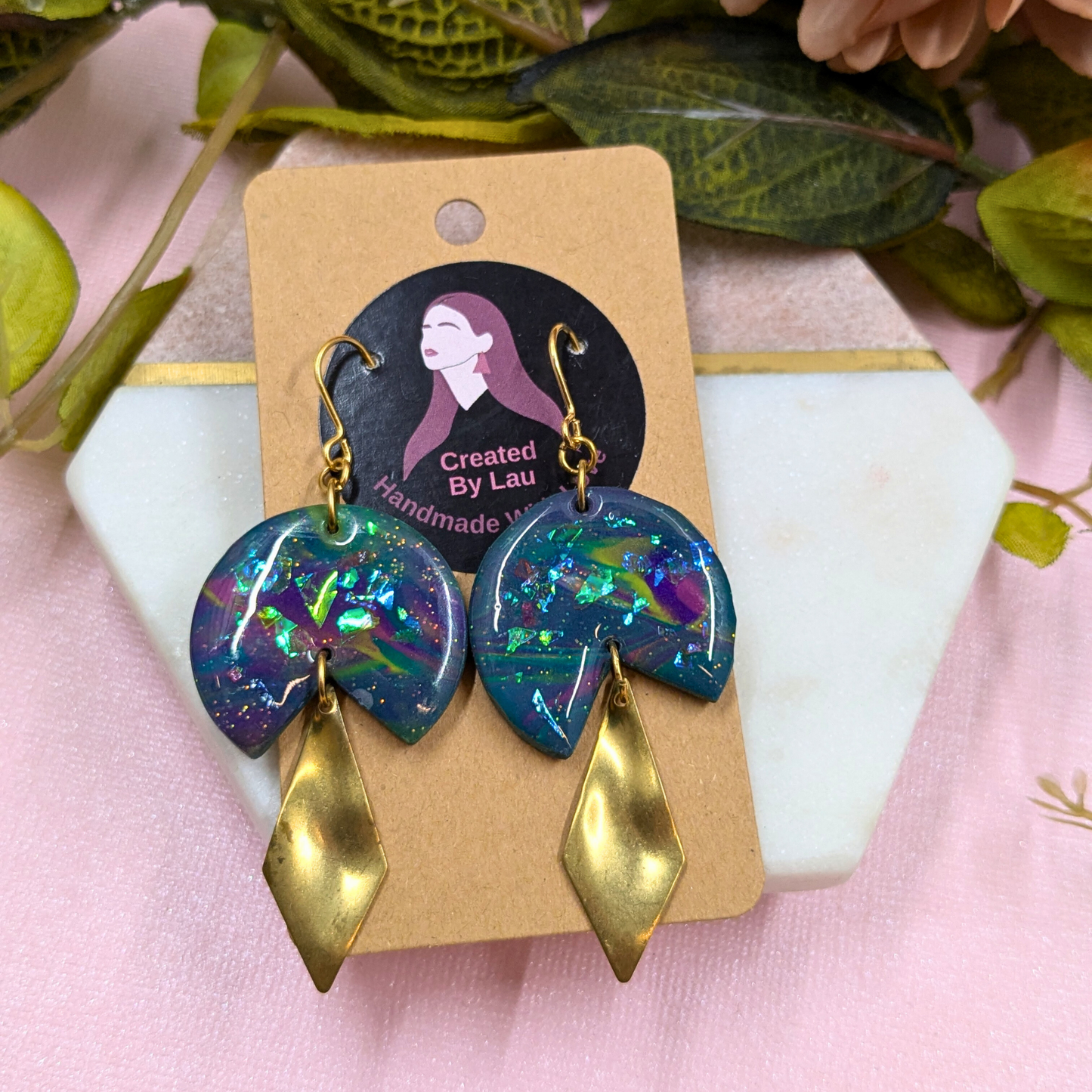 Sacha Blue Iridescent Dangle Earrings | Wavy Diamond Brass Charm by Created By Lau