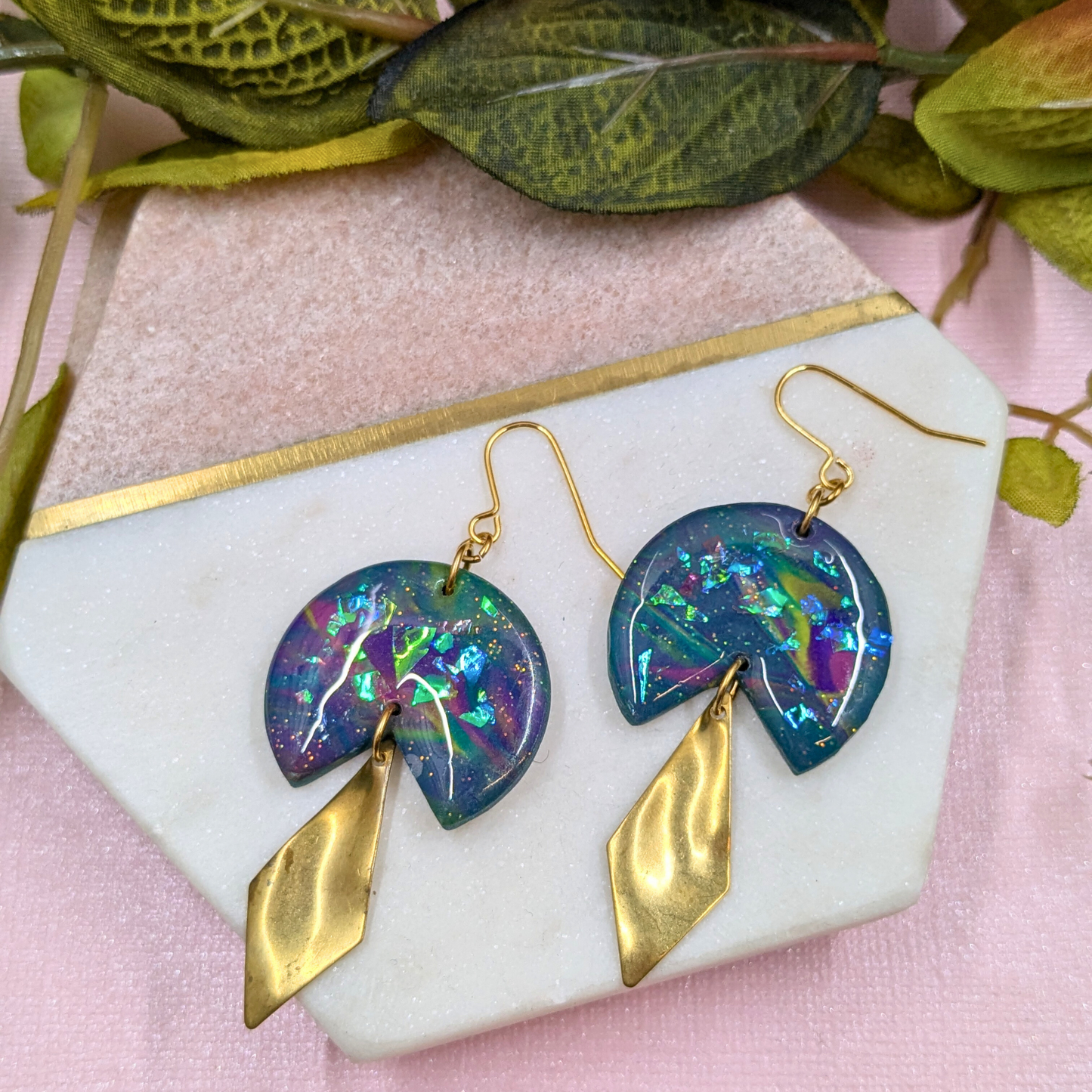 Sacha Blue Iridescent Dangle Earrings | Wavy Diamond Brass Charm by Created By Lau