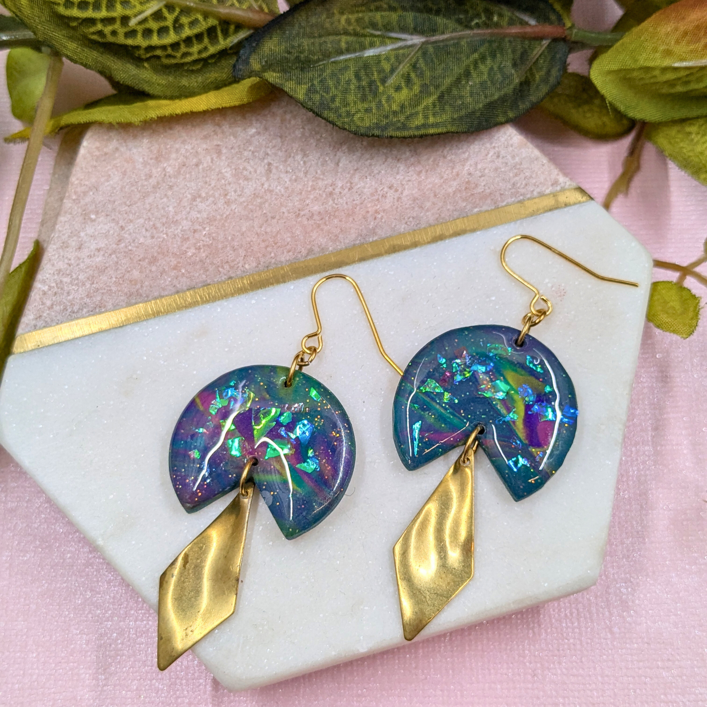 Sacha Blue Iridescent Dangle Earrings | Wavy Diamond Brass Charm by Created By Lau