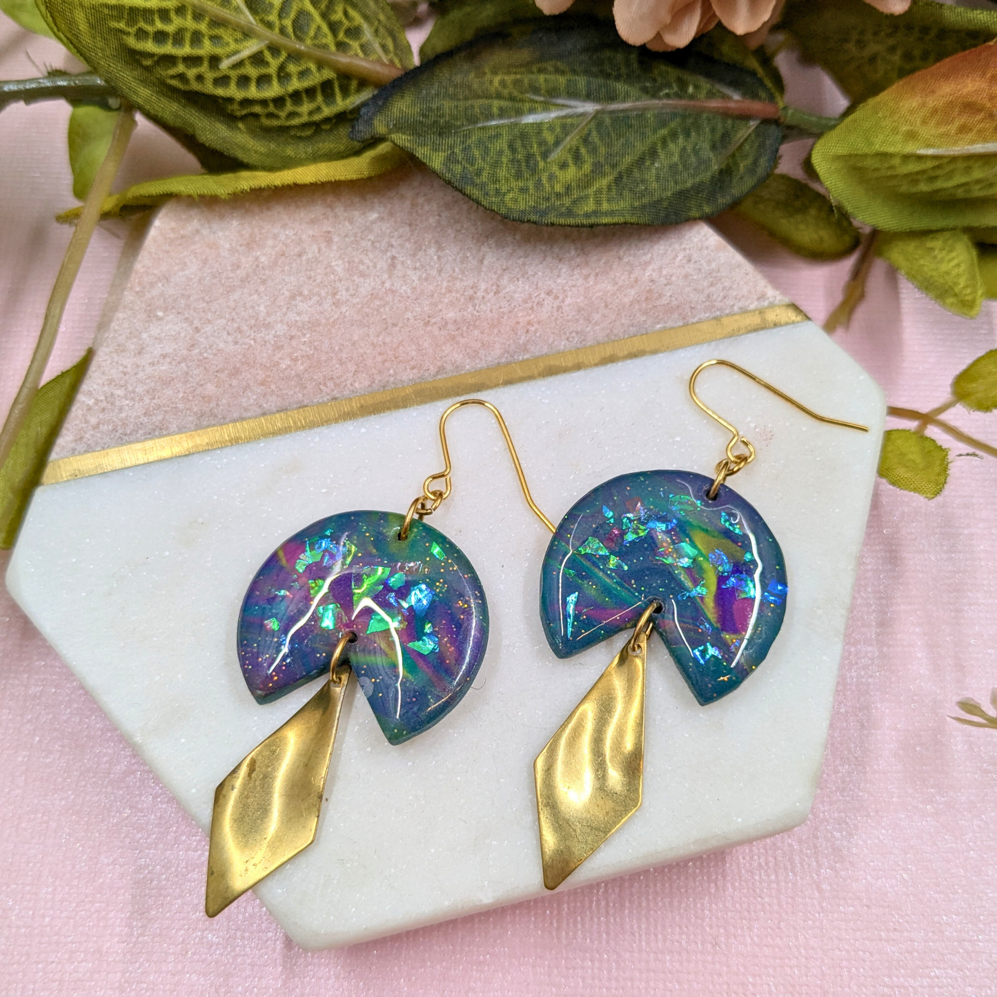 Sacha Blue Iridescent Dangle Earrings | Wavy Diamond Brass Charm by Created By Lau