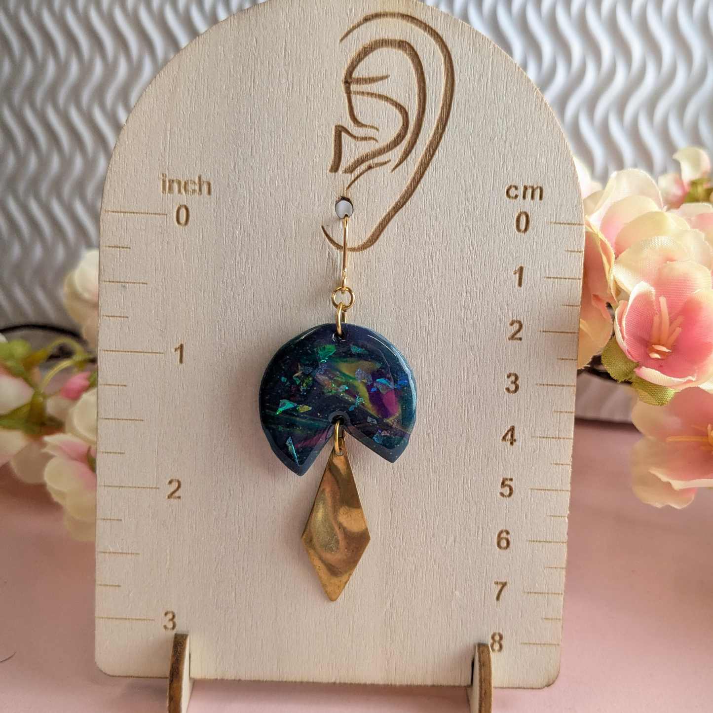 Sacha Blue Iridescent Dangle Earrings | Wavy Diamond Brass Charm by Created By Lau