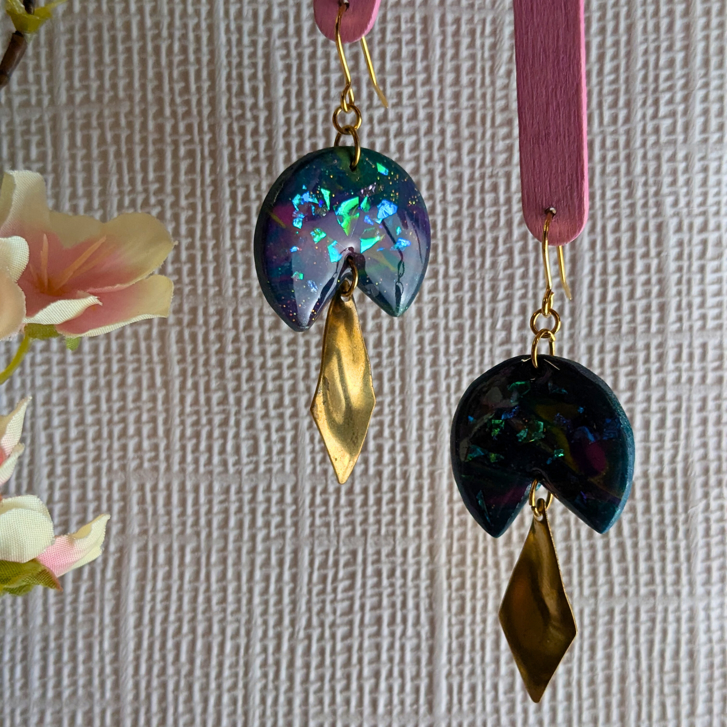 Sacha Blue Iridescent Dangle Earrings | Wavy Diamond Brass Charm by Created By Lau