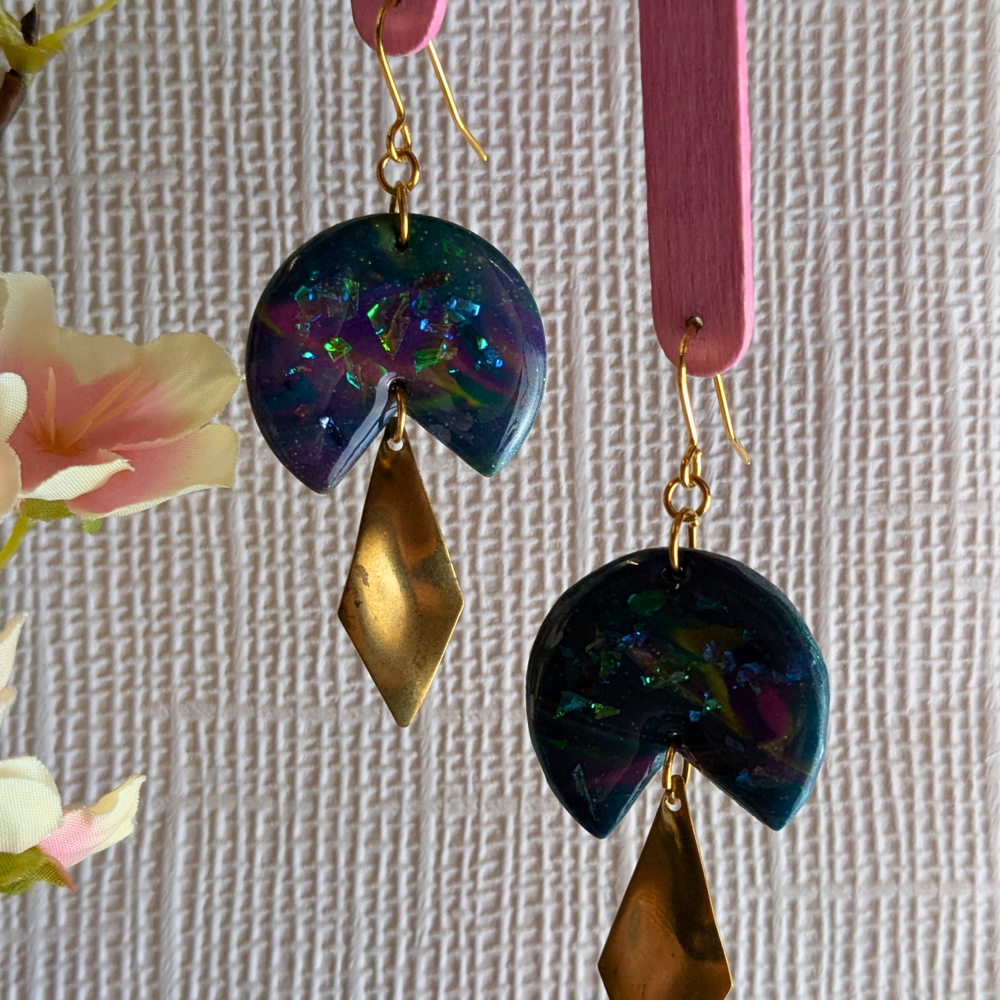 Sacha Blue Iridescent Dangle Earrings | Wavy Diamond Brass Charm by Created By Lau