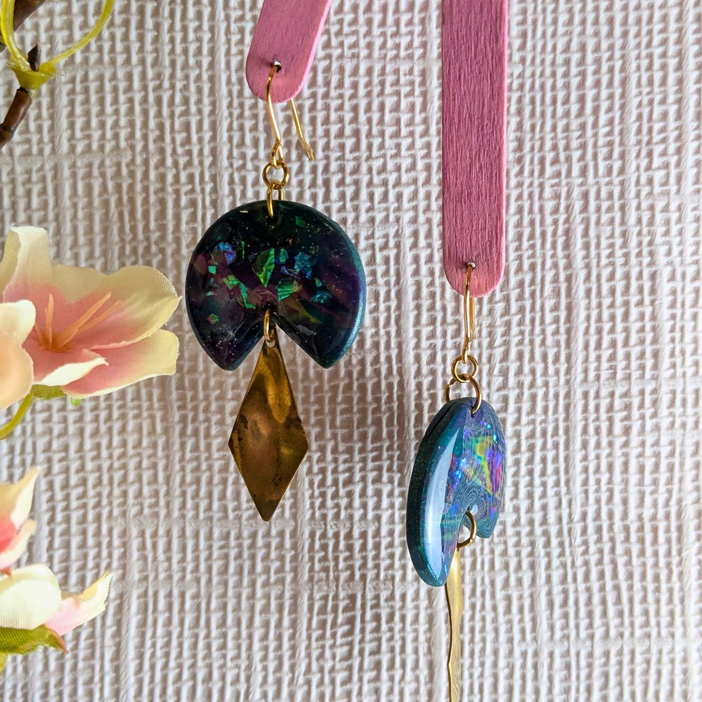 Sacha Blue Iridescent Dangle Earrings | Wavy Diamond Brass Charm by Created By Lau