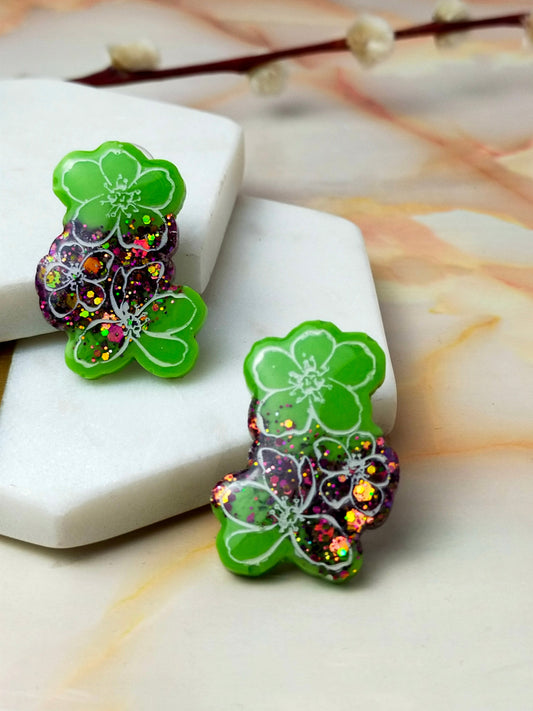 Clip On Earrings - Green Glitter Cherry Blossom Statement Design