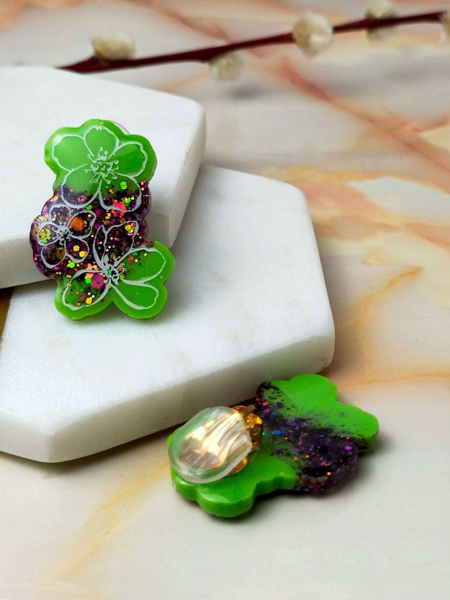 Clip On Earrings - Green Glitter Cherry Blossom Statement Design