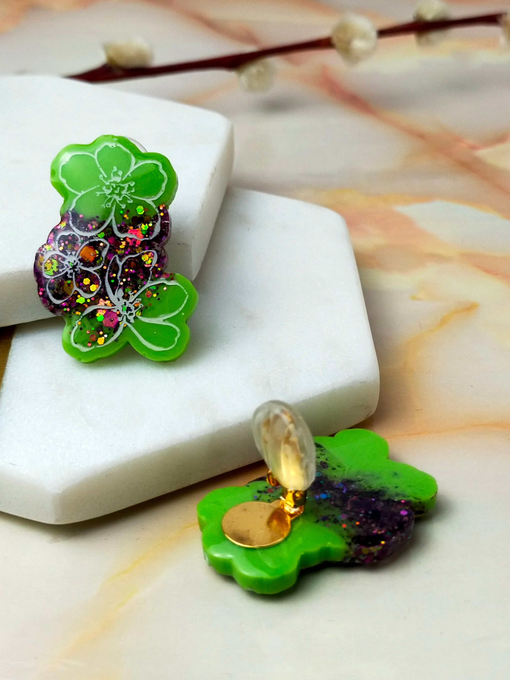 Clip On Earrings - Green Glitter Cherry Blossom Statement Design