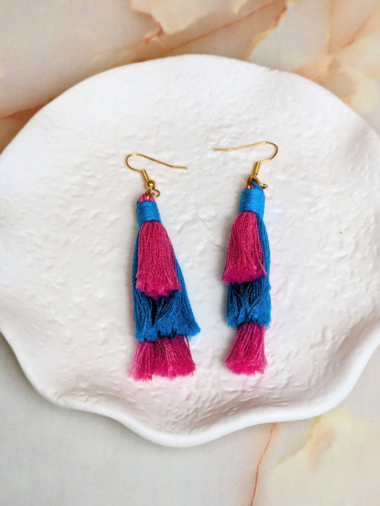 "Sophia" Turquoise & Pink 3 Tiered Tassel Earrings Gold Plated