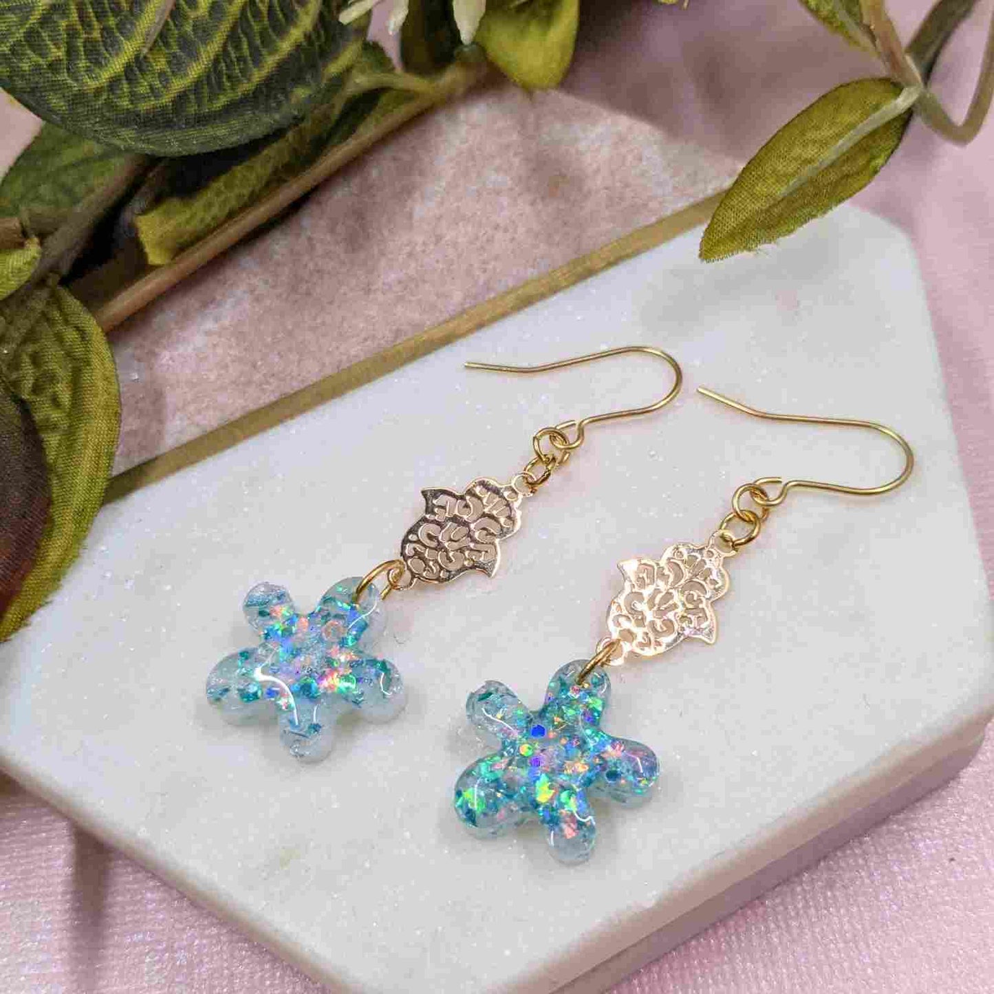 Tallulah Blue White Flower Hamsa Hand Dangle Earrings - Handmade UK