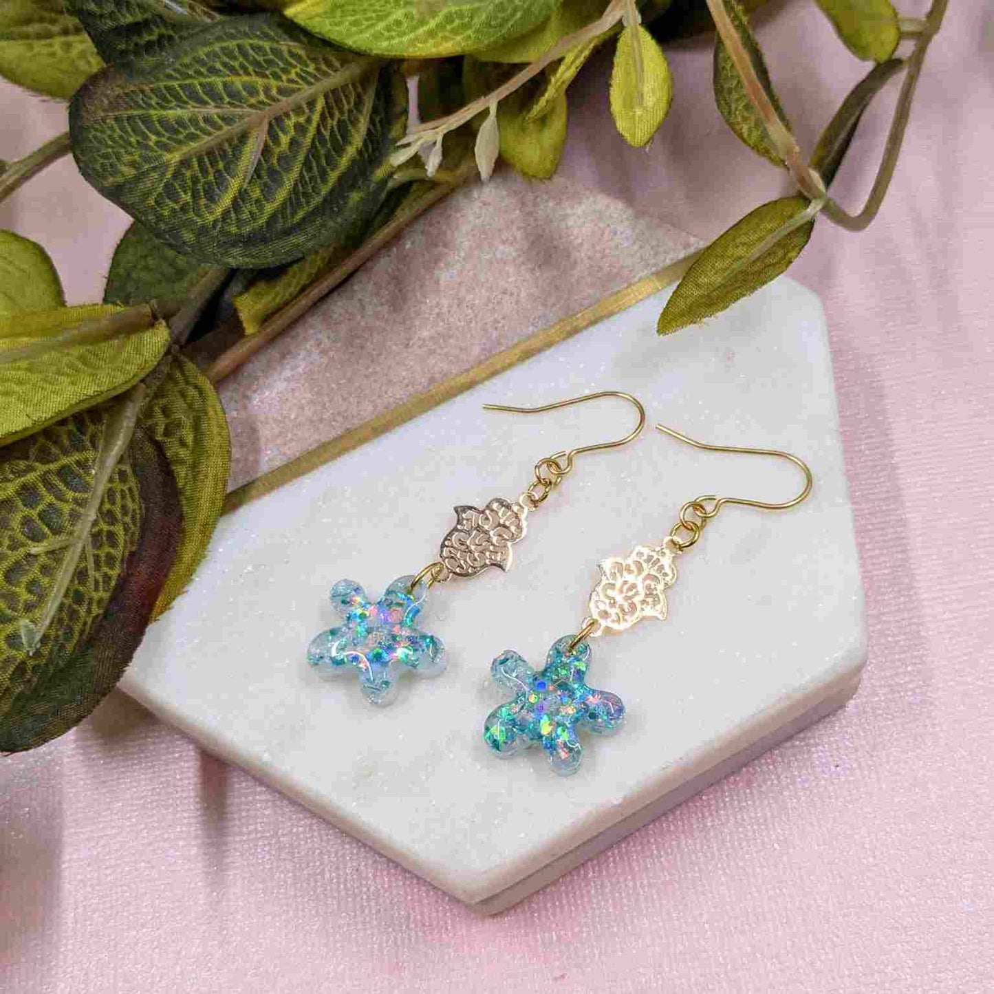 Tallulah Blue White Flower Hamsa Hand Dangle Earrings - Handmade UK