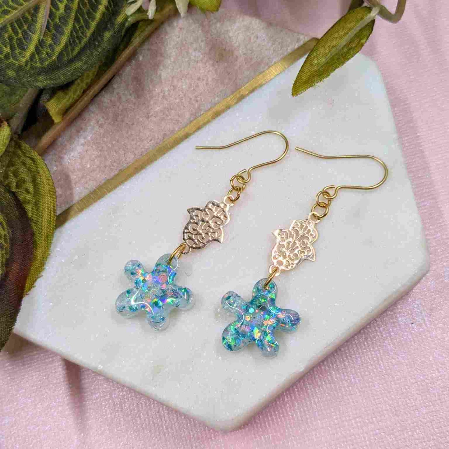 Tallulah Blue White Flower Hamsa Hand Dangle Earrings - Handmade UK
