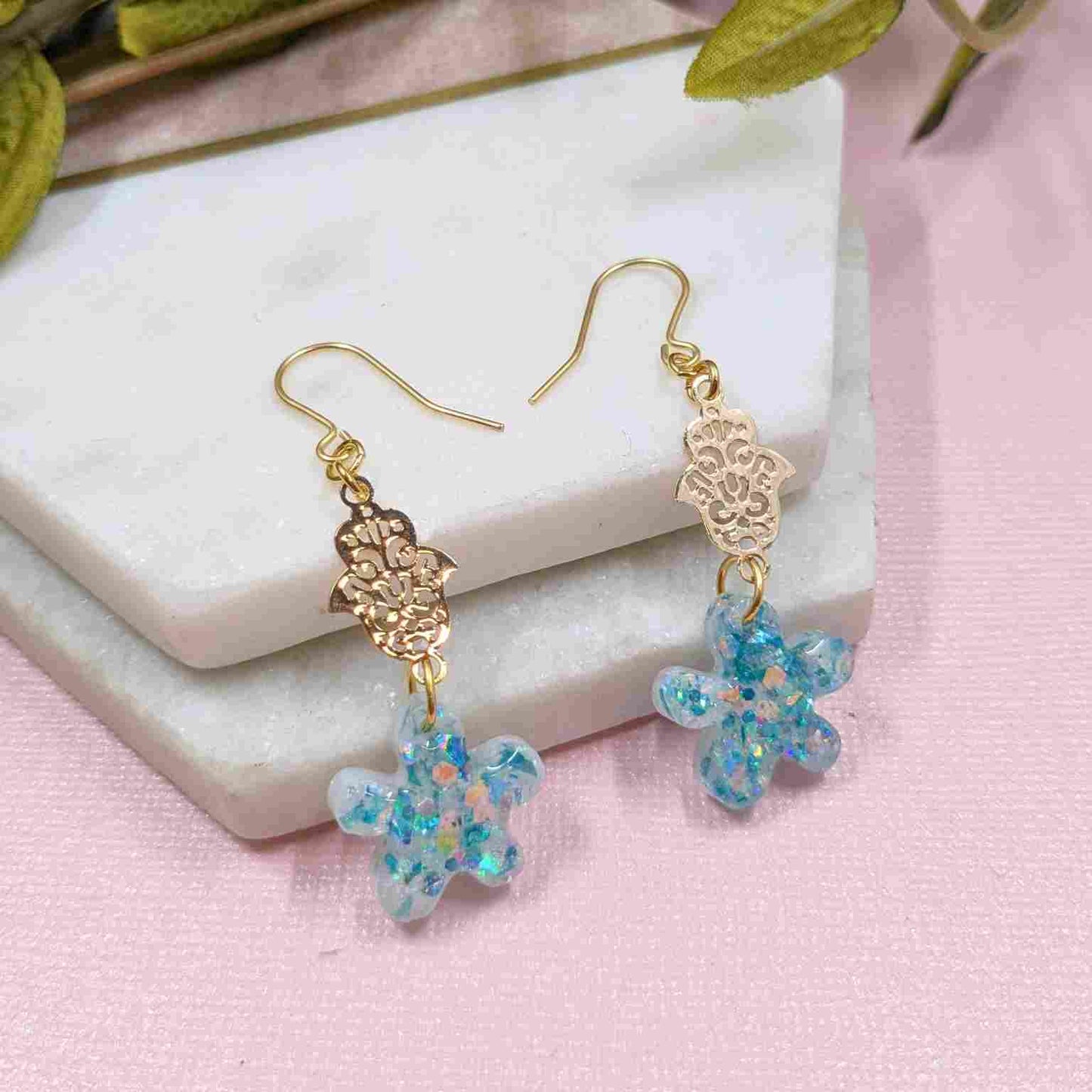 Tallulah Blue White Flower Hamsa Hand Dangle Earrings - Handmade UK