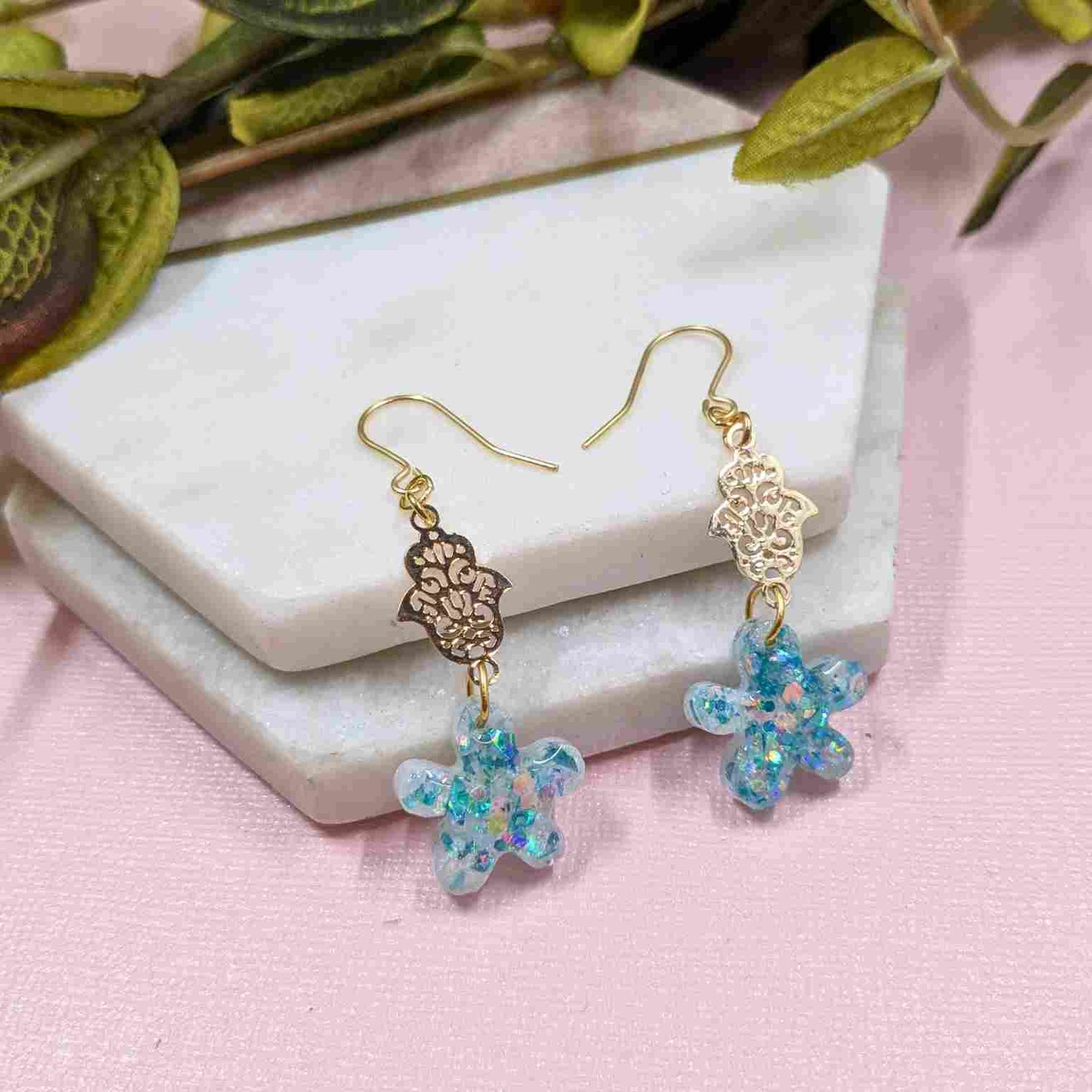 Tallulah Blue White Flower Hamsa Hand Dangle Earrings - Handmade UK