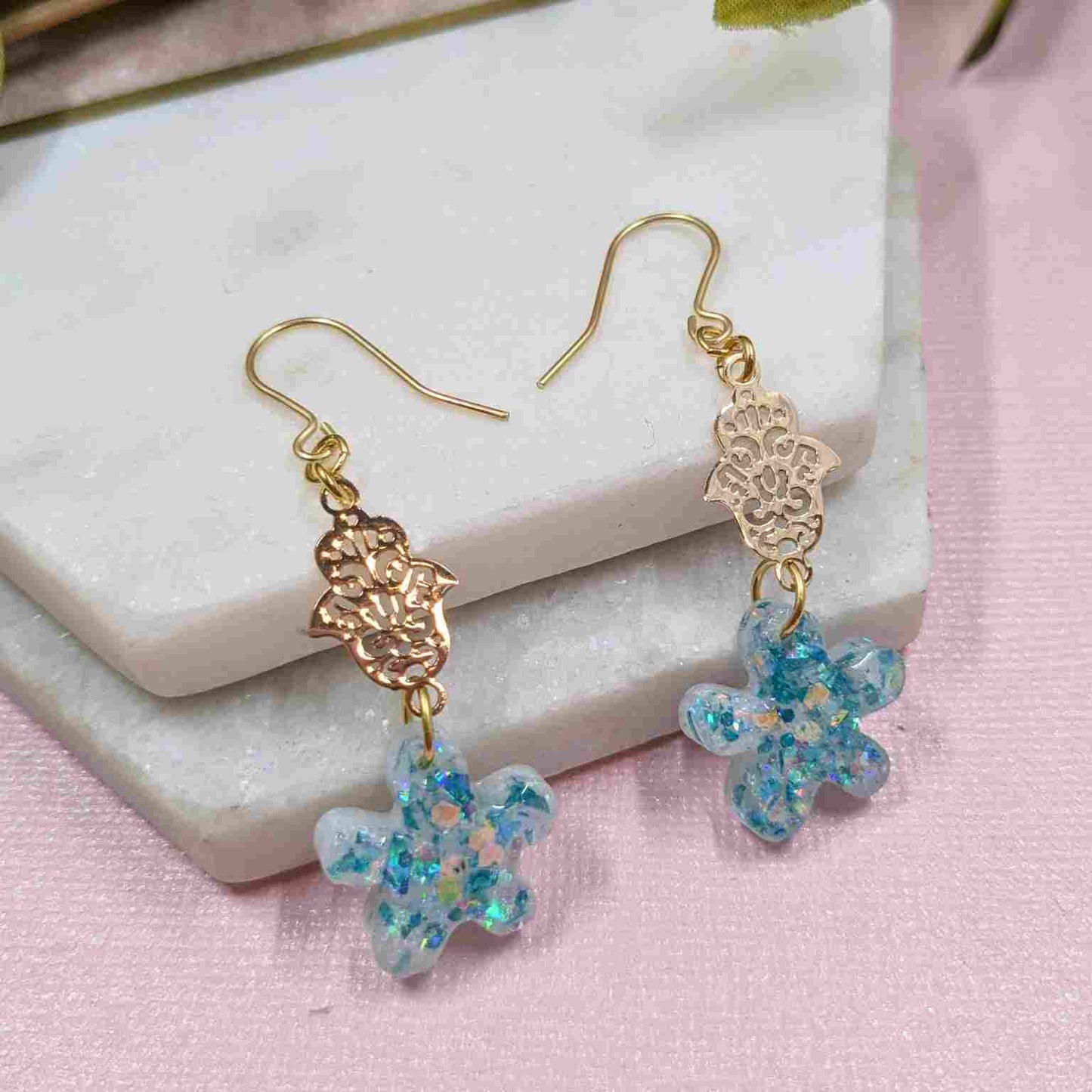 Tallulah Blue White Flower Hamsa Hand Dangle Earrings - Handmade UK