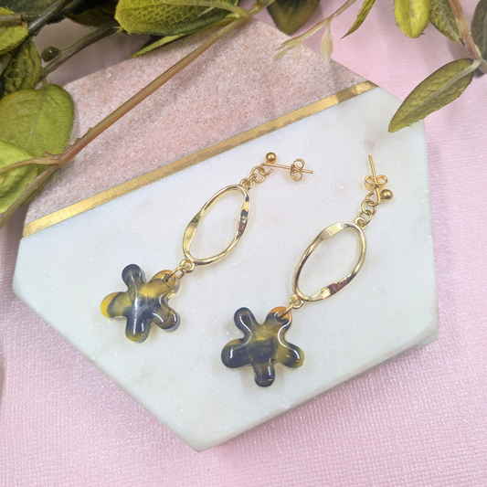 Tallulah Tortoiseshell Flower Dangle Earrings - Gold Stud Handmade UK