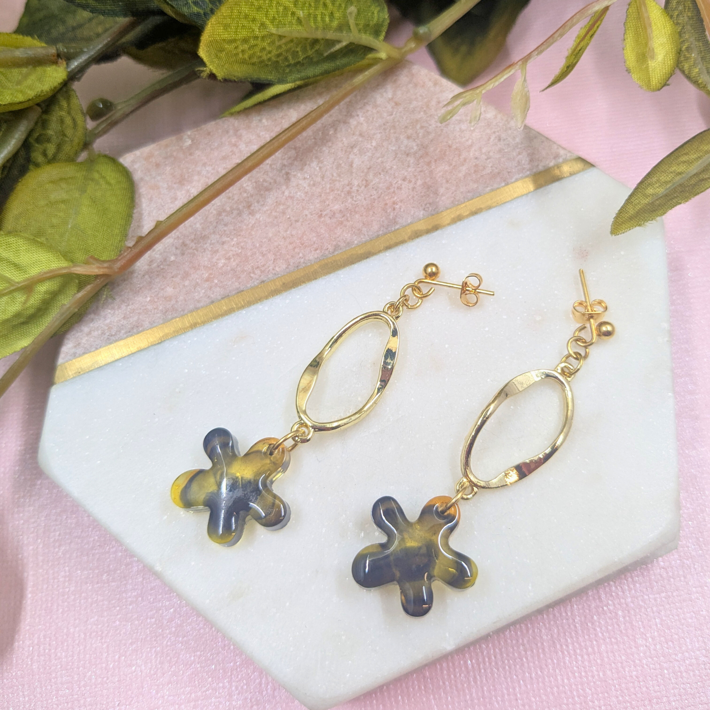 Tallulah Tortoiseshell Flower Dangle Earrings - Gold Stud Handmade UK