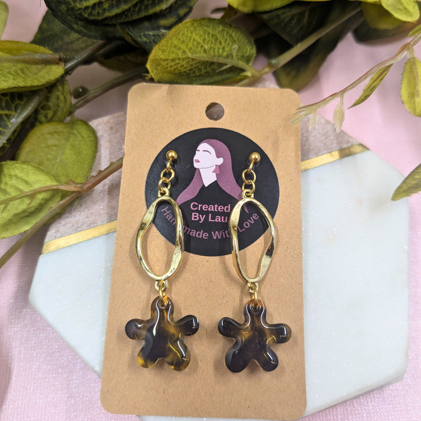 Tallulah Tortoiseshell Flower Dangle Earrings - Gold Stud Handmade UK