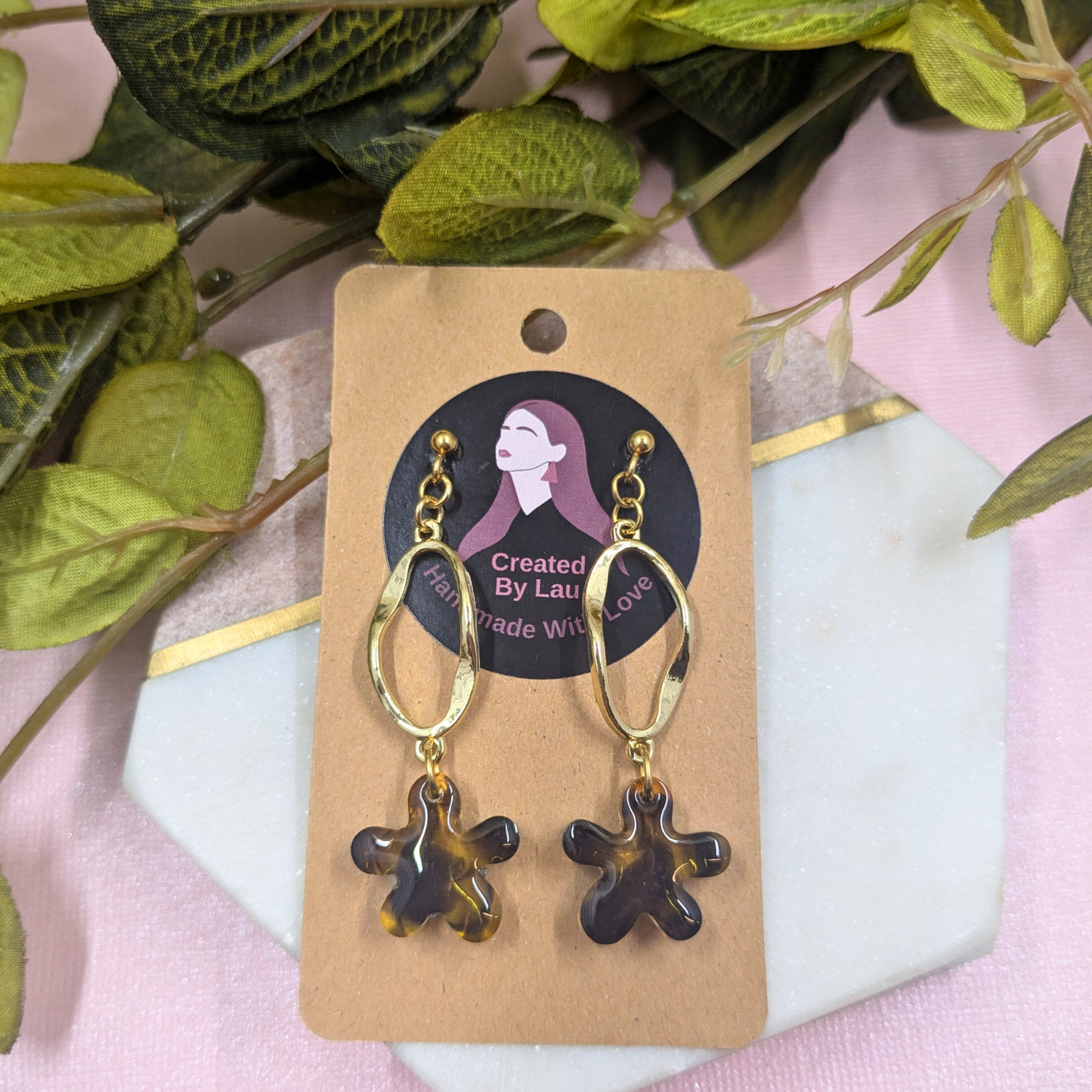 Tallulah Tortoiseshell Flower Dangle Earrings - Gold Stud Handmade UK