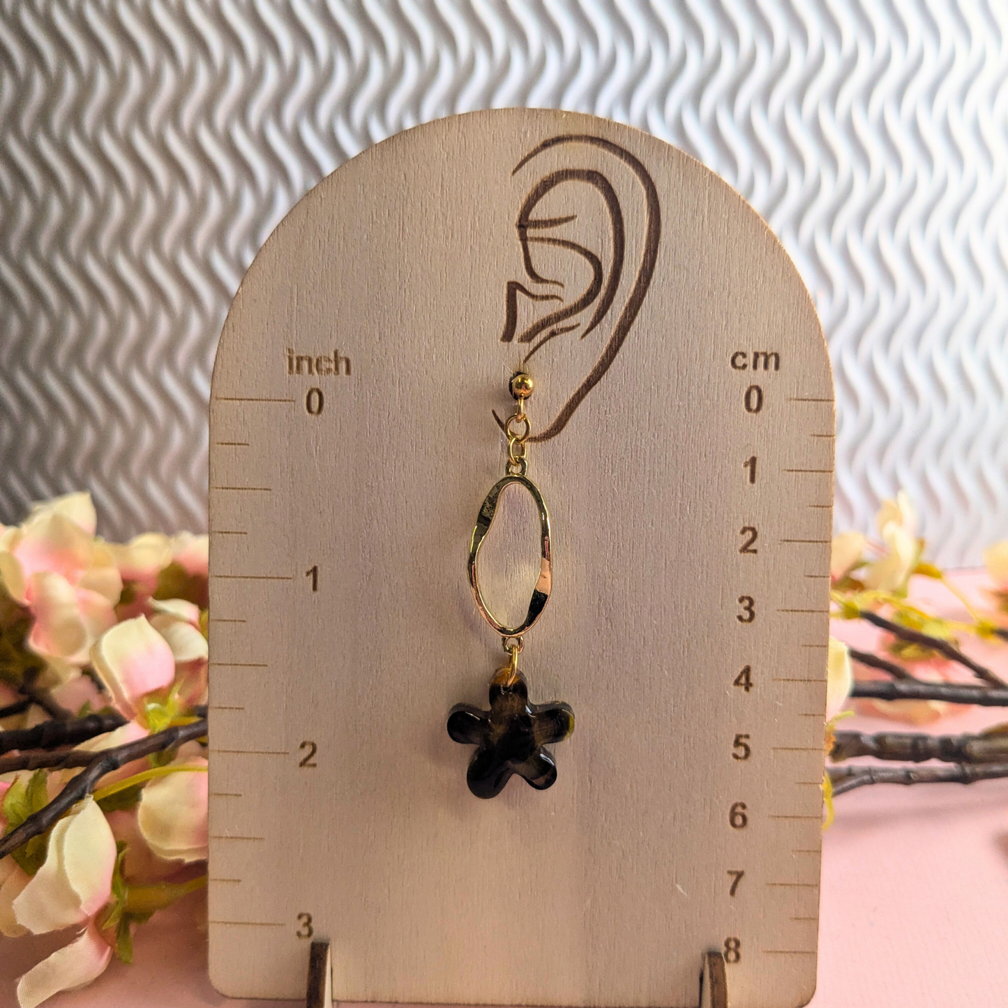 Tallulah Tortoiseshell Flower Dangle Earrings - Gold Stud Handmade UK
