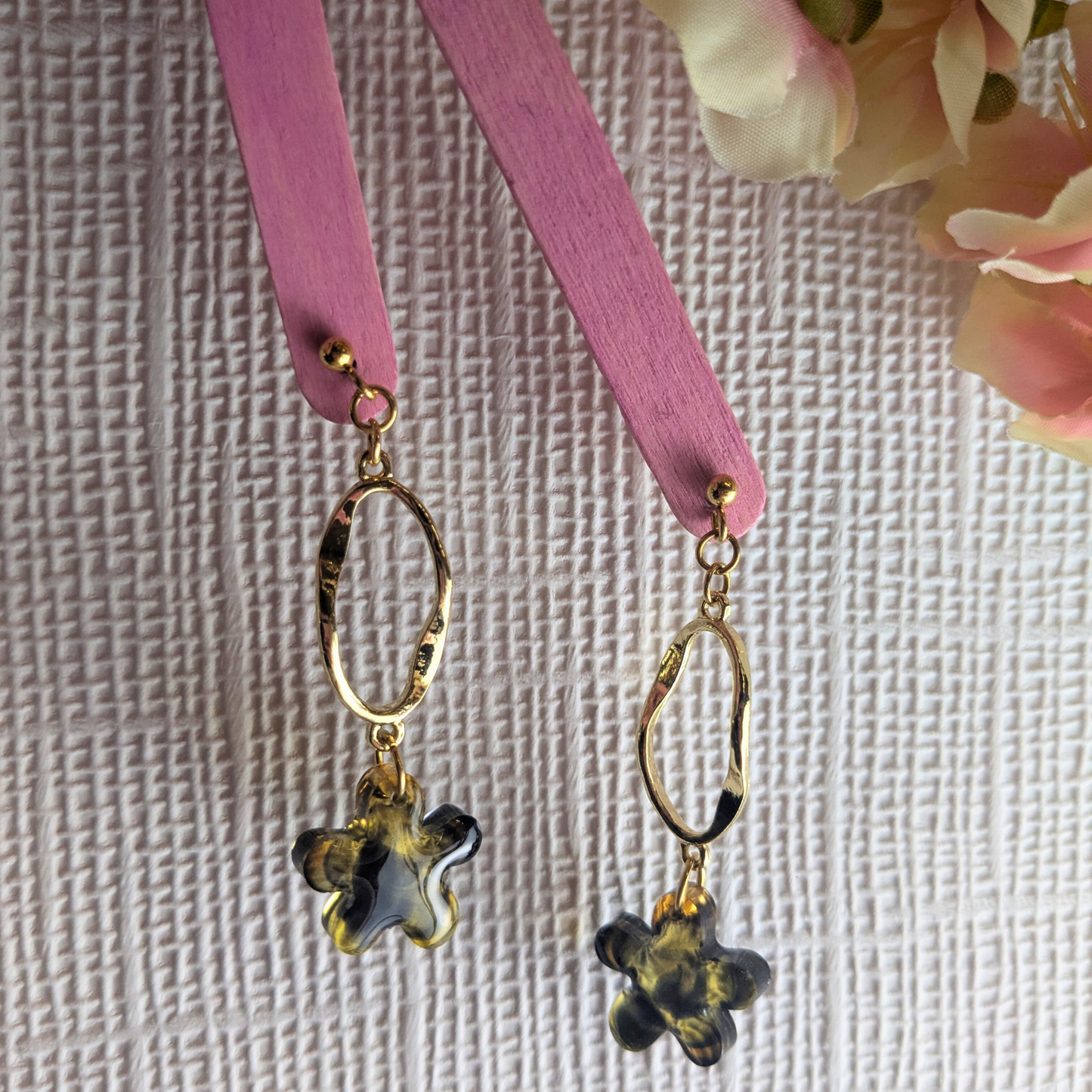 Tallulah Tortoiseshell Flower Dangle Earrings - Gold Stud Handmade UK