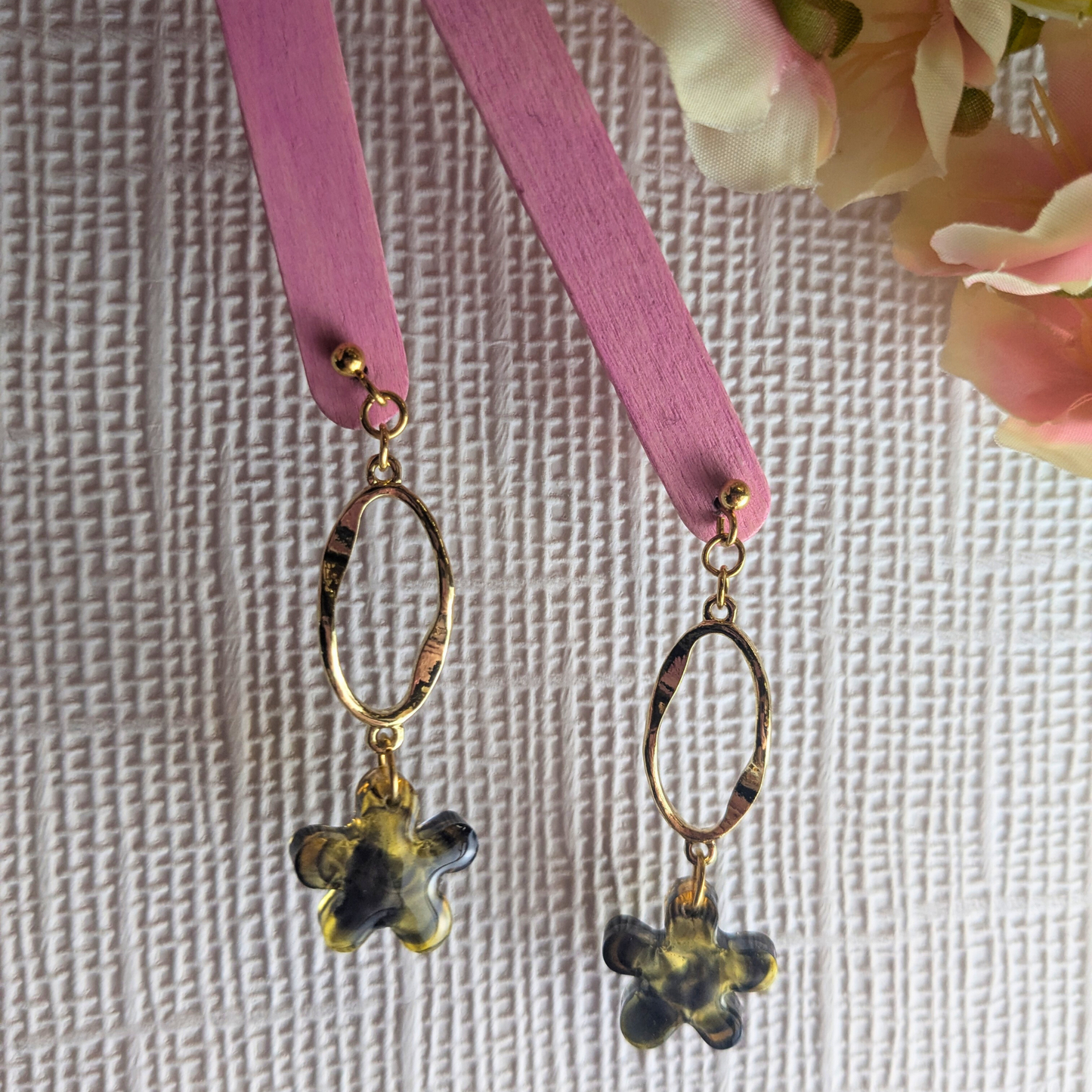 Tallulah Tortoiseshell Flower Dangle Earrings - Gold Stud Handmade UK
