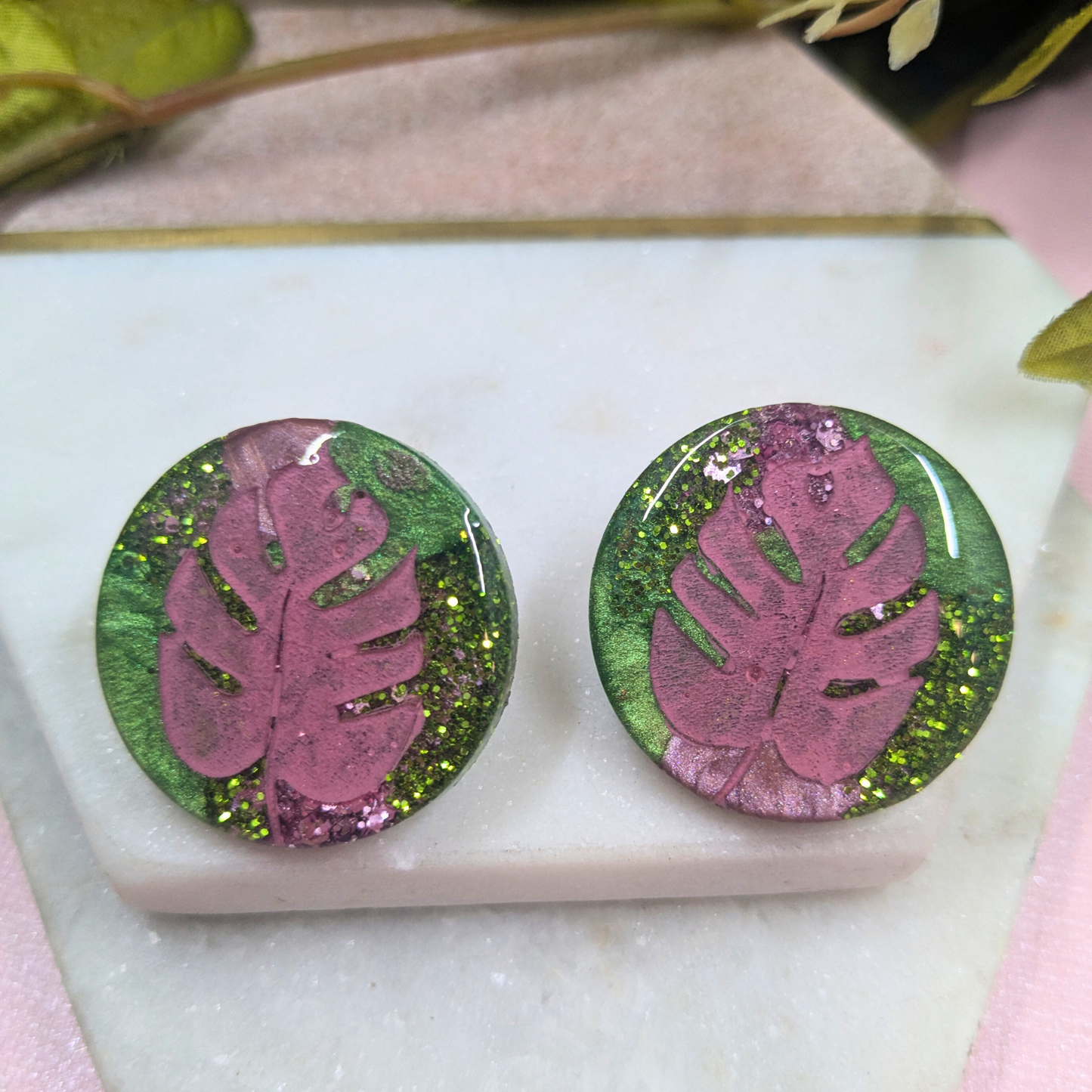 Tania Pink Monstera Green Glitter Resin Clip-On Earrings | Botanical Jewellery by Created By Lau